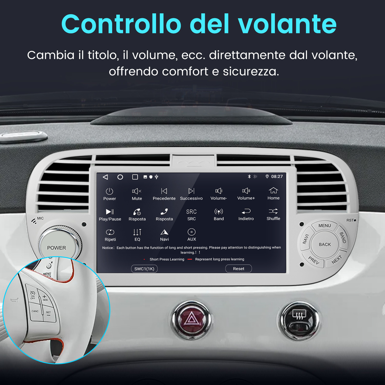 Cruscotto auto con schermo impostazioni. Mano sul volante.