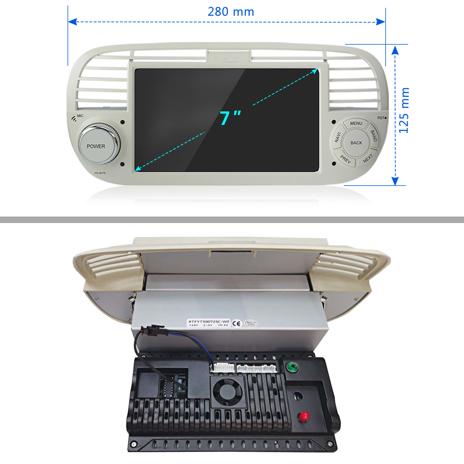 Schermo di infotainment per auto con dimensioni, pulsanti e vista posteriore.