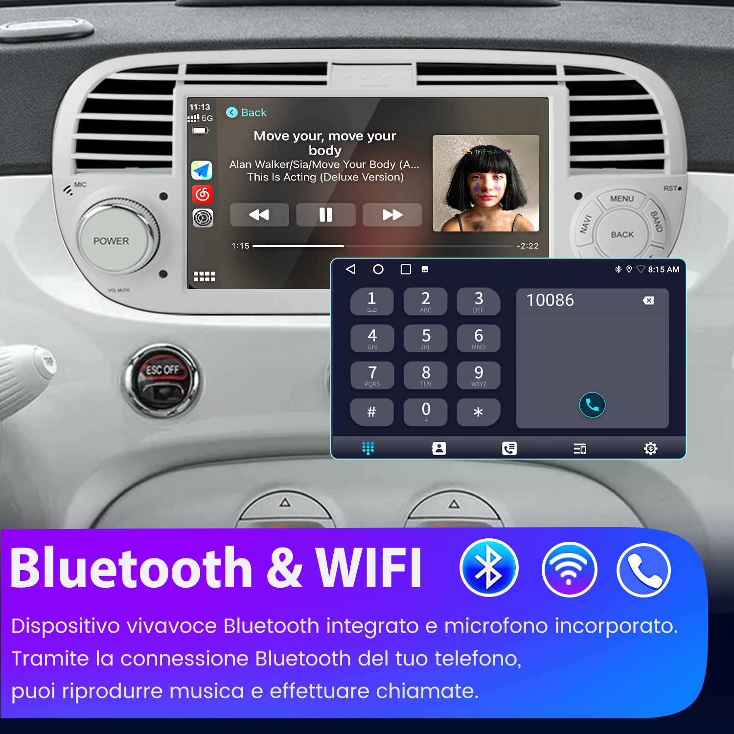 Cruscotto auto con schermo che mostra una canzone e un tastierino per chiamate.