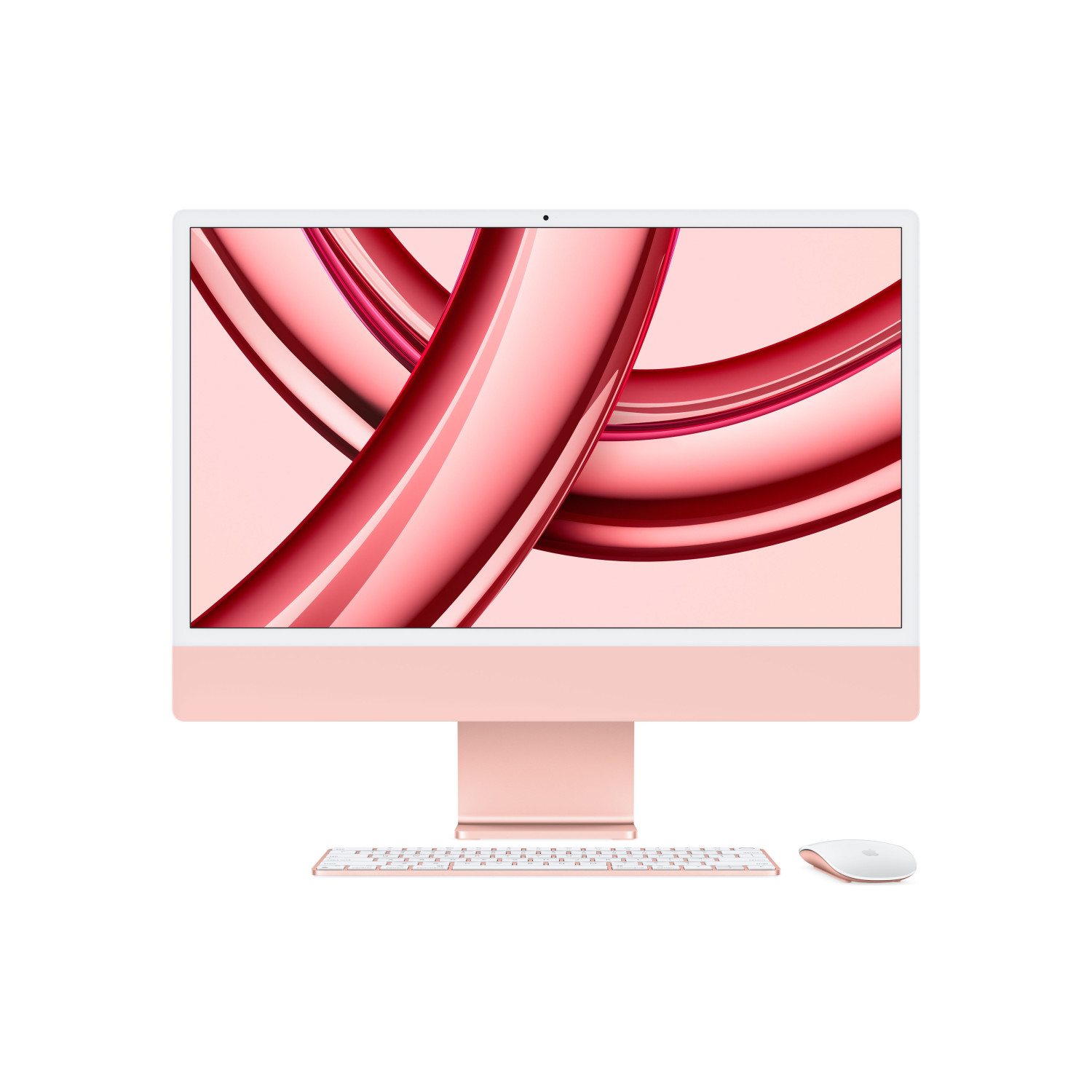 Różowy komputer iMac z białą ramką. Klawiatura i mysz są białe. Tło to różowy abstrakcyjny wzór.