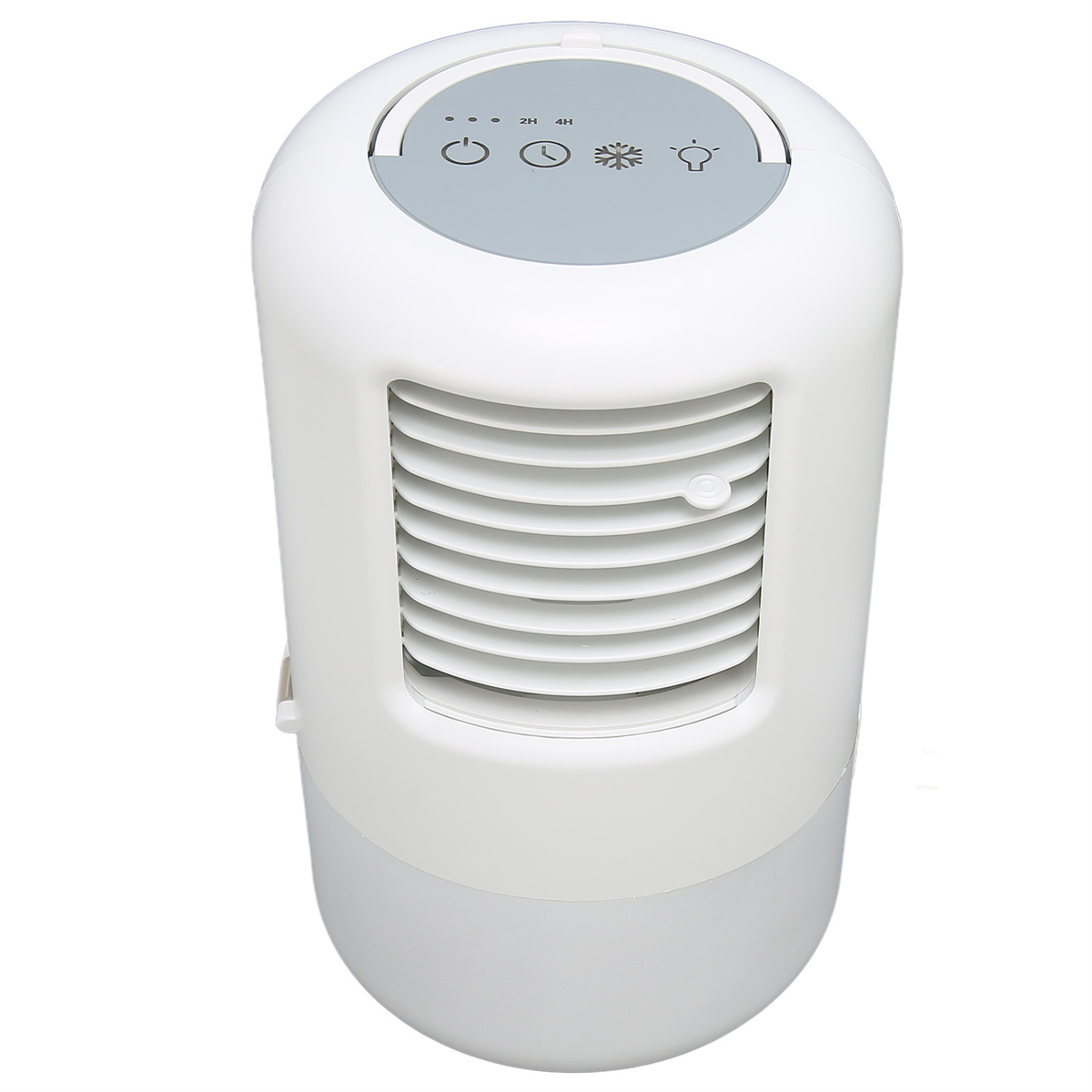 Weiß-grauer Ventilator, Draufsicht, mit Bedienknöpfen und Lüftungsschlitzen.