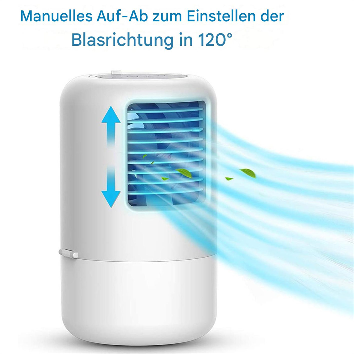 Weißer Luftkühler mit blauem Luftstrom, Pfeile zeigen die Auf- und Abwärtsrichtung. Text.