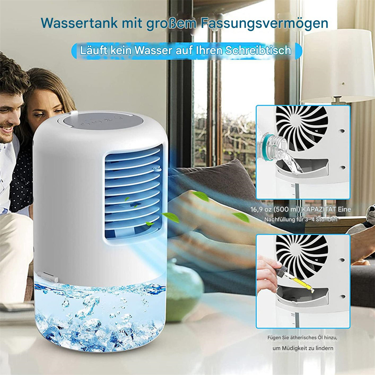 Weiß-blauer Luftkühler mit Eis und Wasser, mit Personen im Hintergrund.