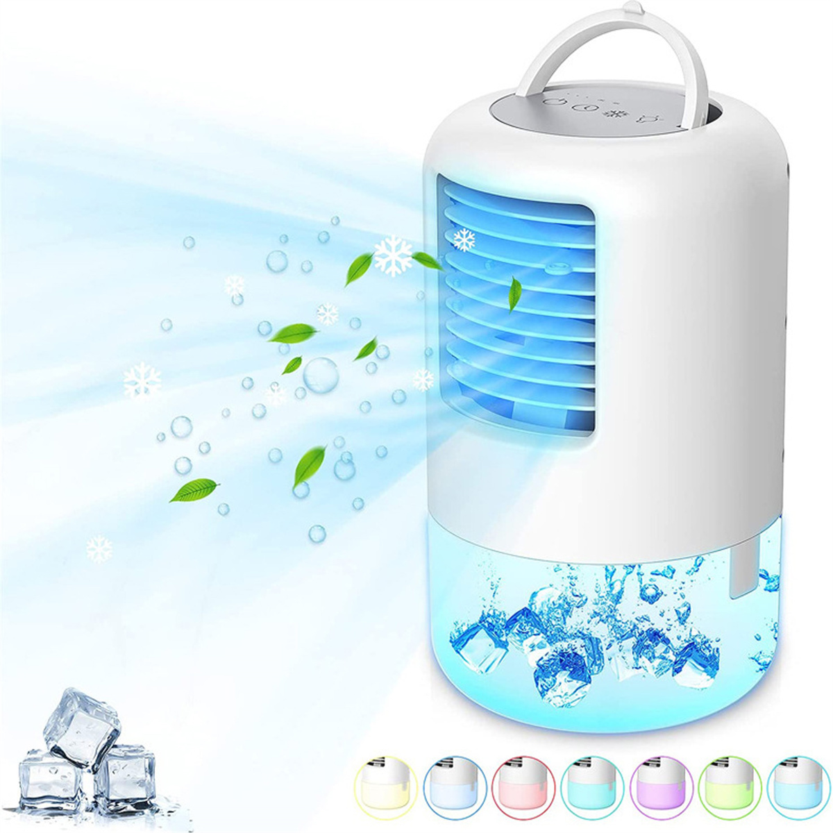 Weiß-blauer Luftkühler mit Eiswürfeln und Wasserdampf, bunte Lichter unten.