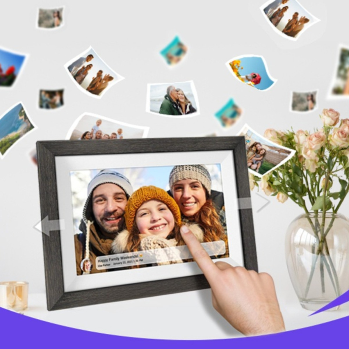 Ein digitaler Bilderrahmen, der ein Familienfoto anzeigt, mit darüber schwebenden Fotos.