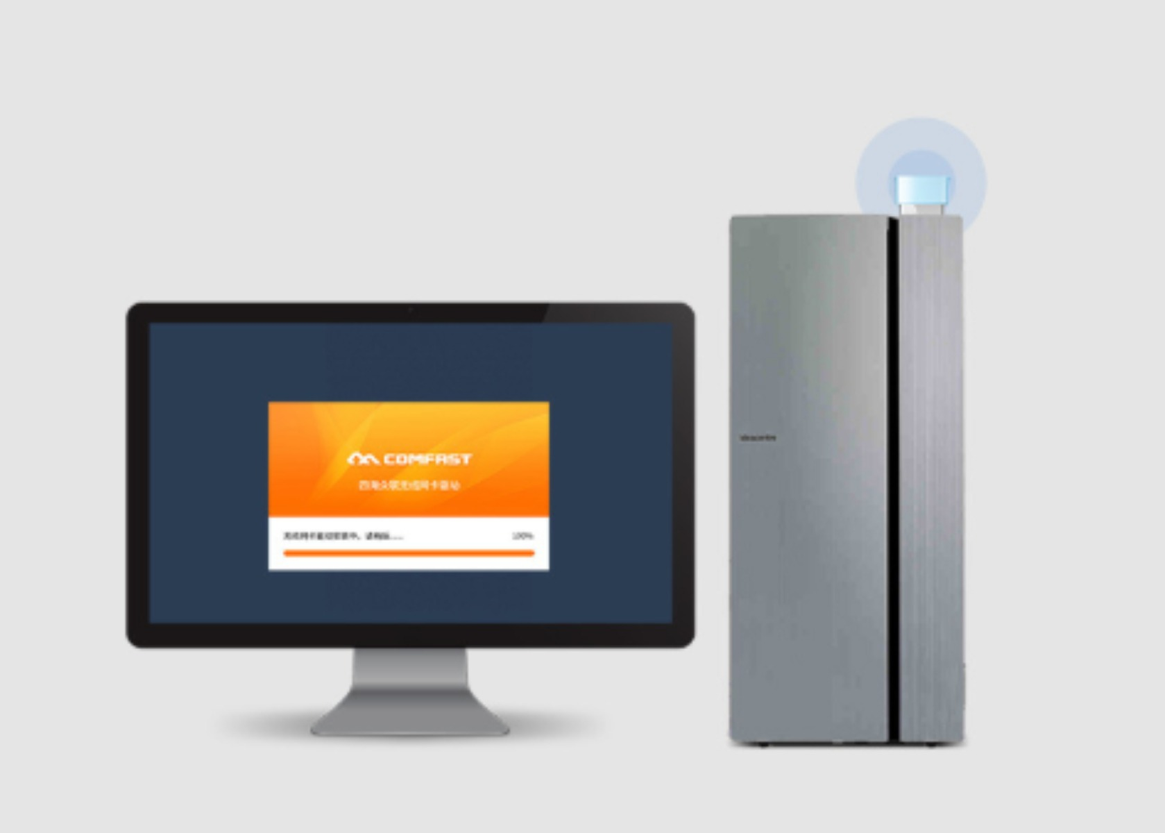 Computermonitor mit Ladebildschirm und Server auf grauem Hintergrund.
