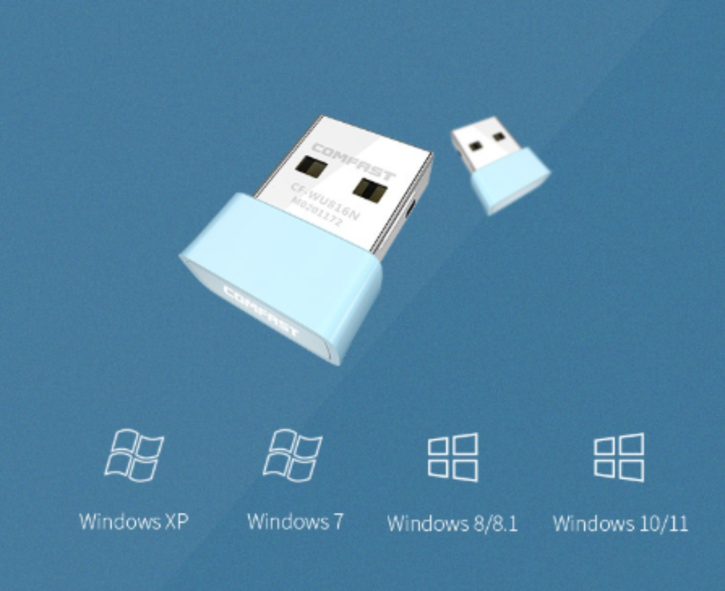 Zwei hellblaue USB-Adapter mit COMFAST-Logo und vier Windows-Logos unten.