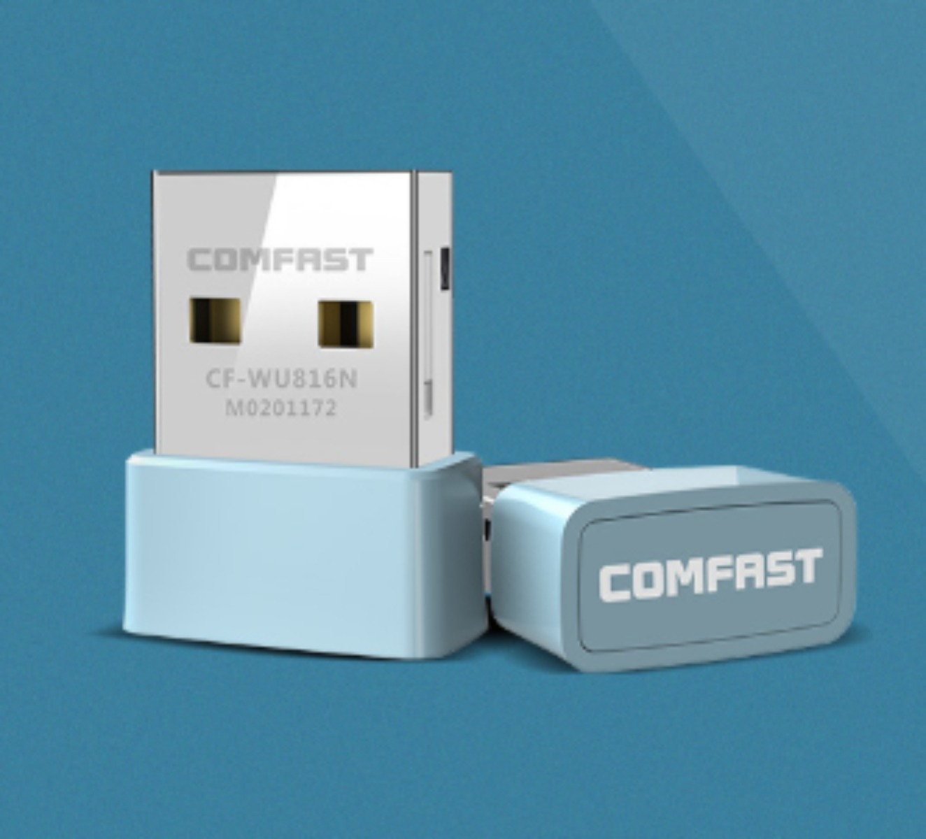 Blauer USB-Adapter mit dem Text COMFAST und Modellinformationen darauf.