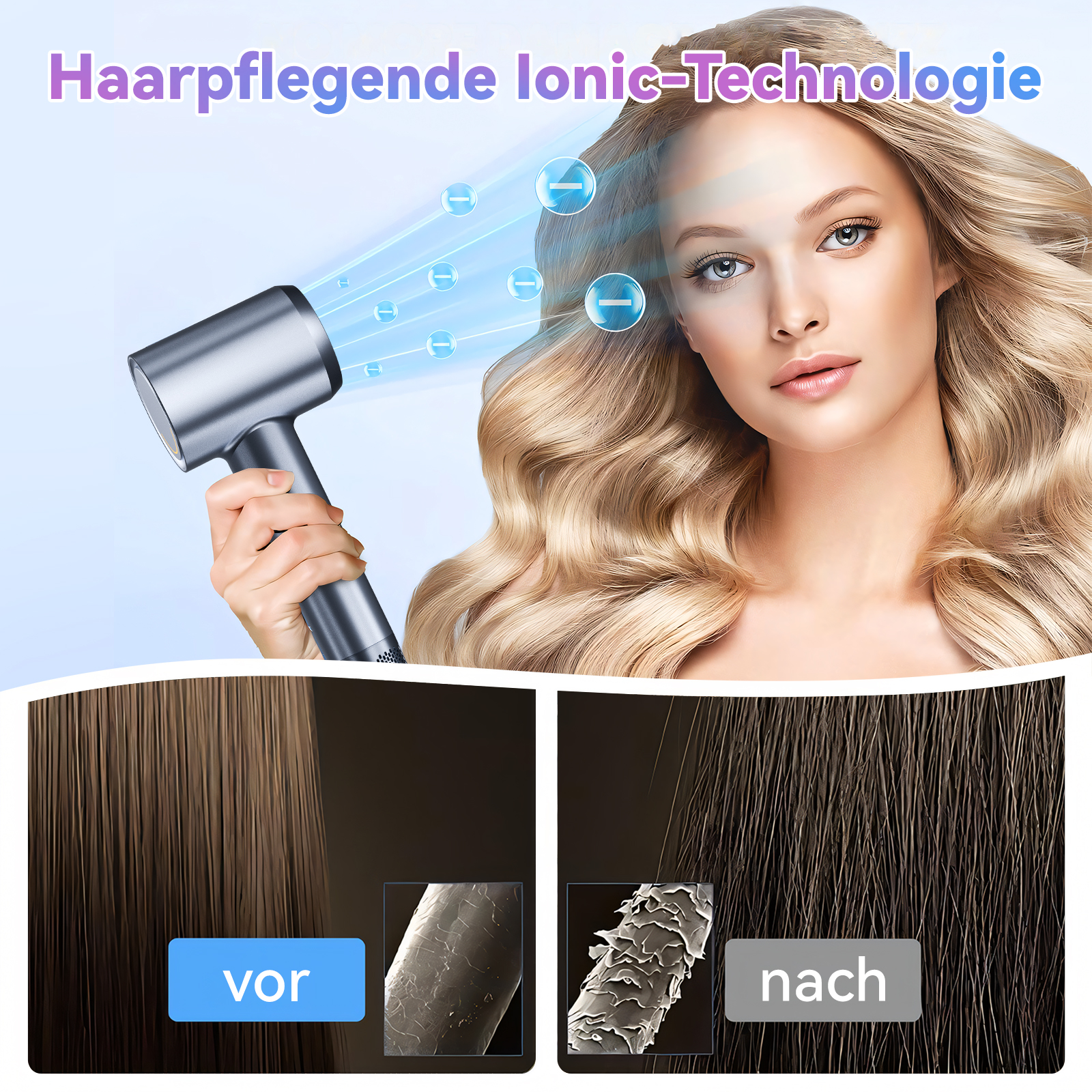 Frau mit blondem Haar und einem Haartrockner. Vorher- und Nachher-Haarbilder werden gezeigt.