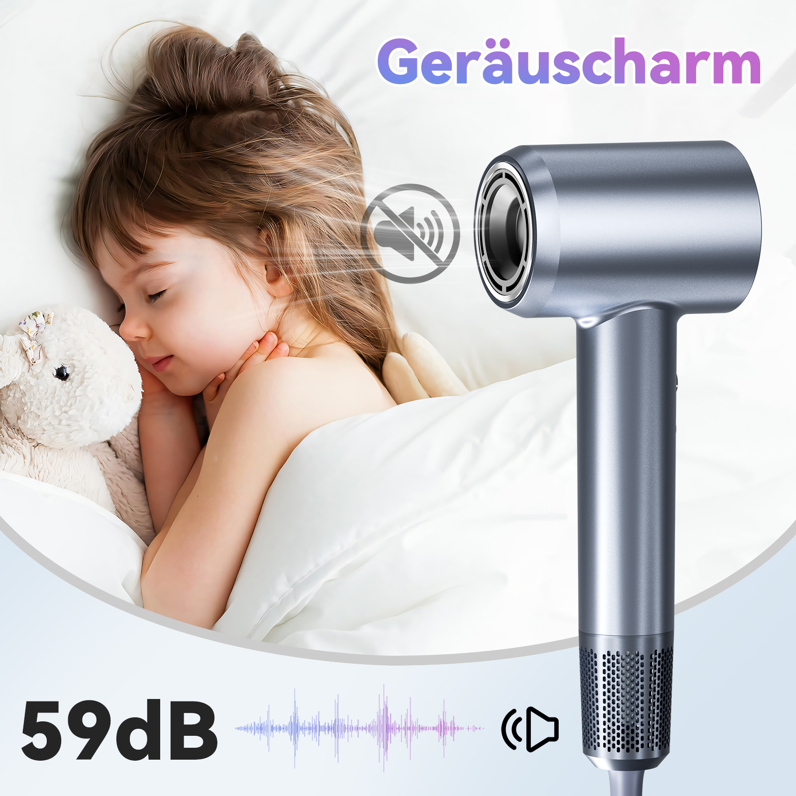 Ein schlafendes Mädchen neben einem Haartrockner. Text zeigt geringen Geräuschpegel.