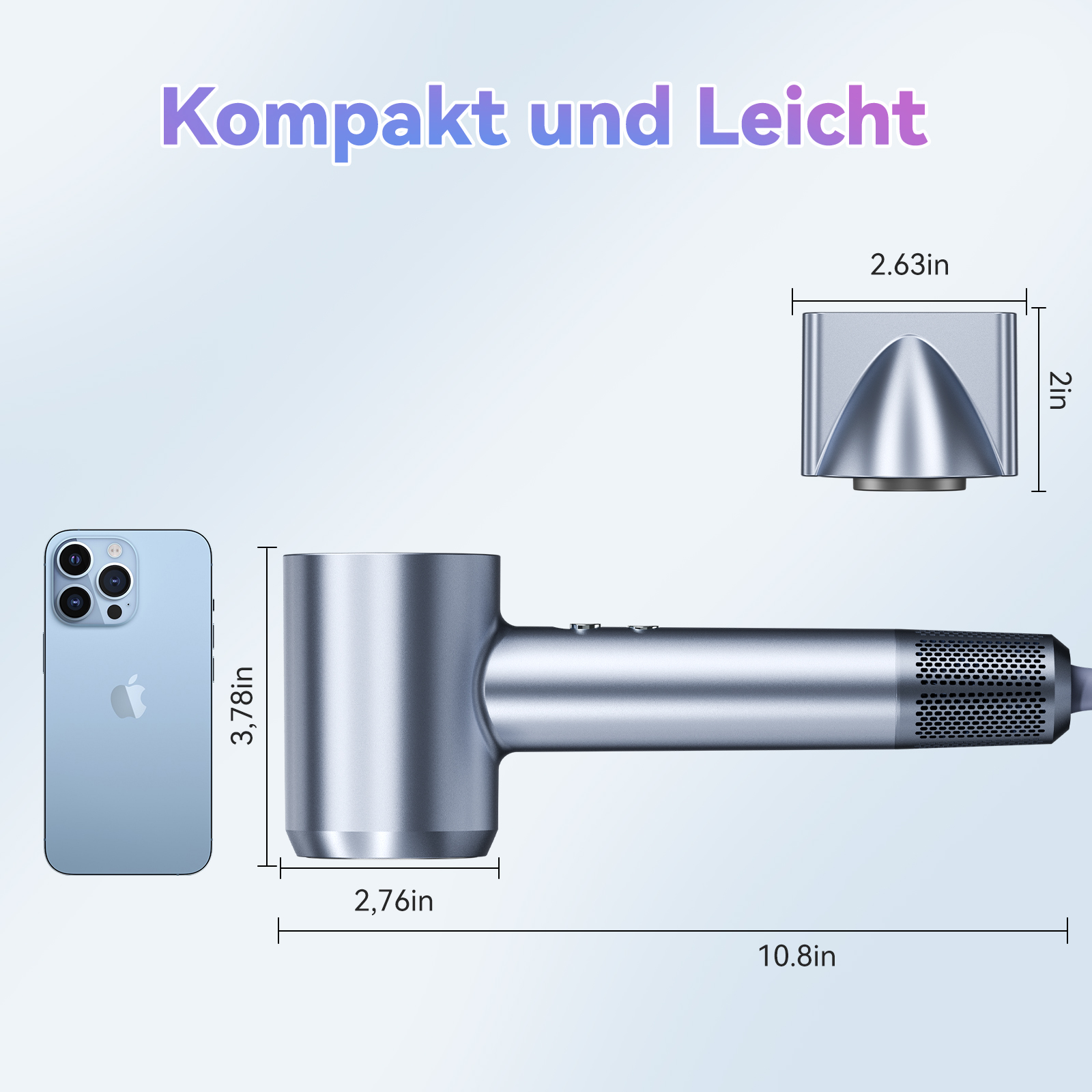 Ein Haartrockner mit Abmessungen, die neben einem Telefon angezeigt werden.