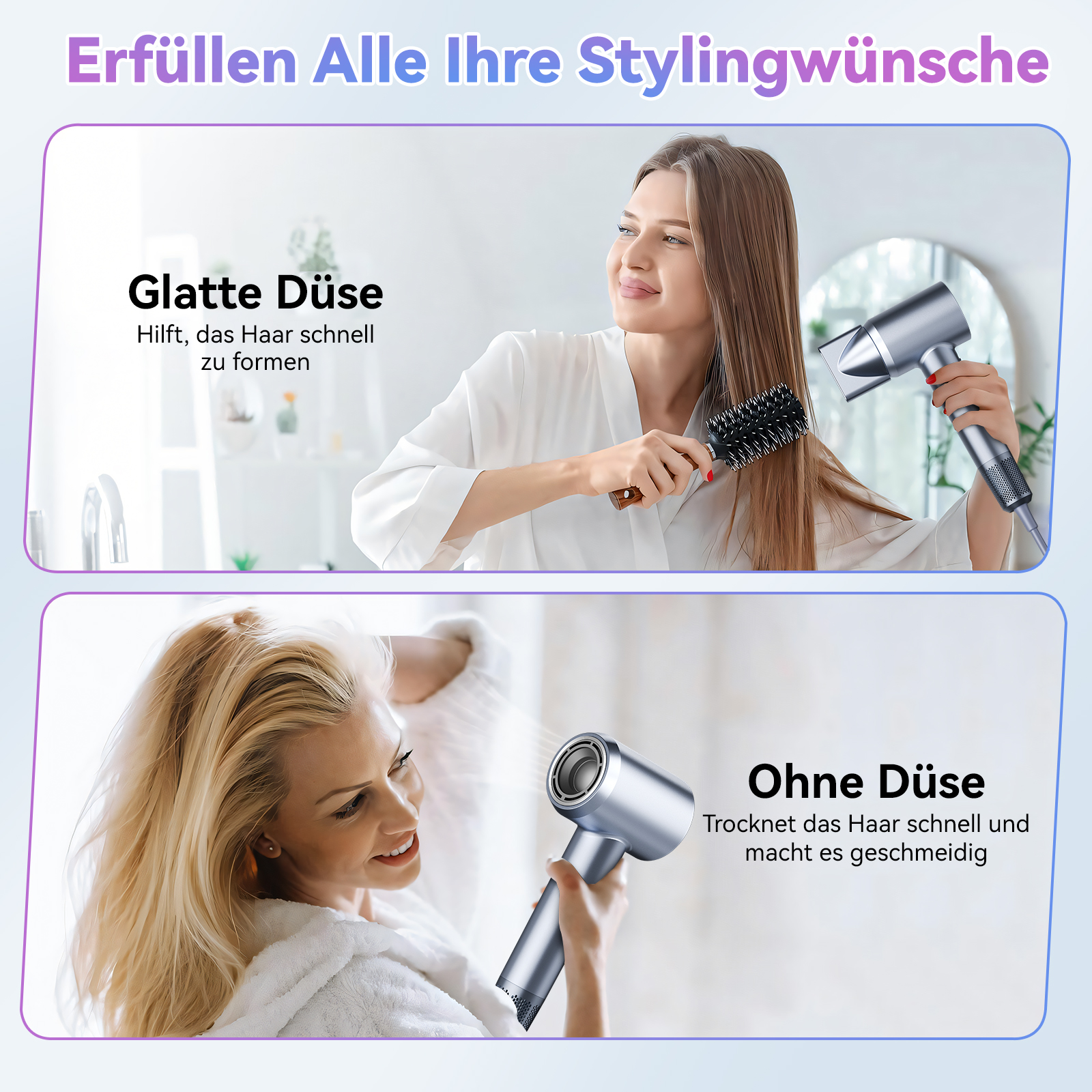 Eine Frau benutzt Fön und Bürste, eine andere trocknet Haare. Text auf Deutsch: Stylingwünsche.