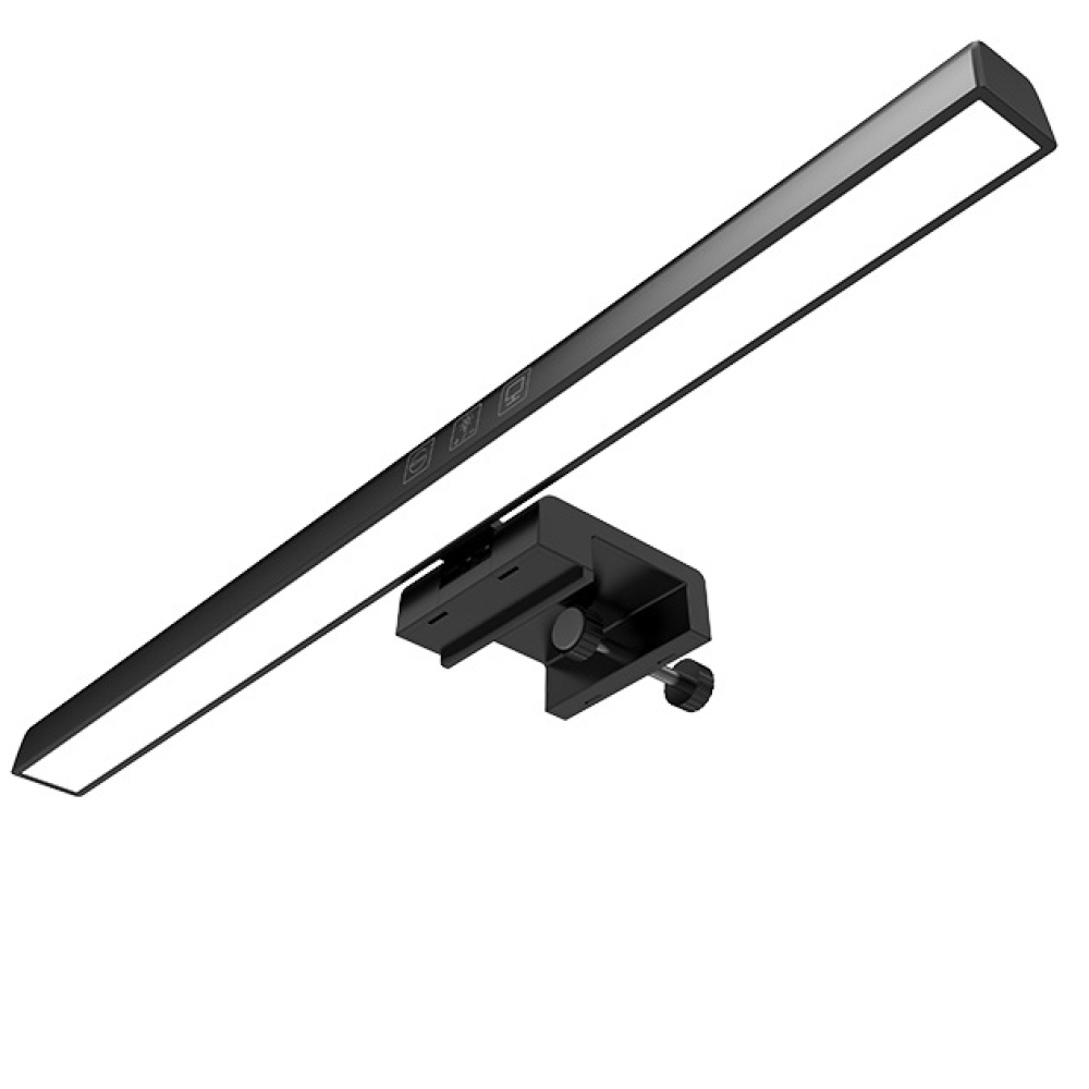 Schwarze LED-Schreibtischlampe. Sie hat einen langen, dünnen Lichtbalken und eine Klemme.