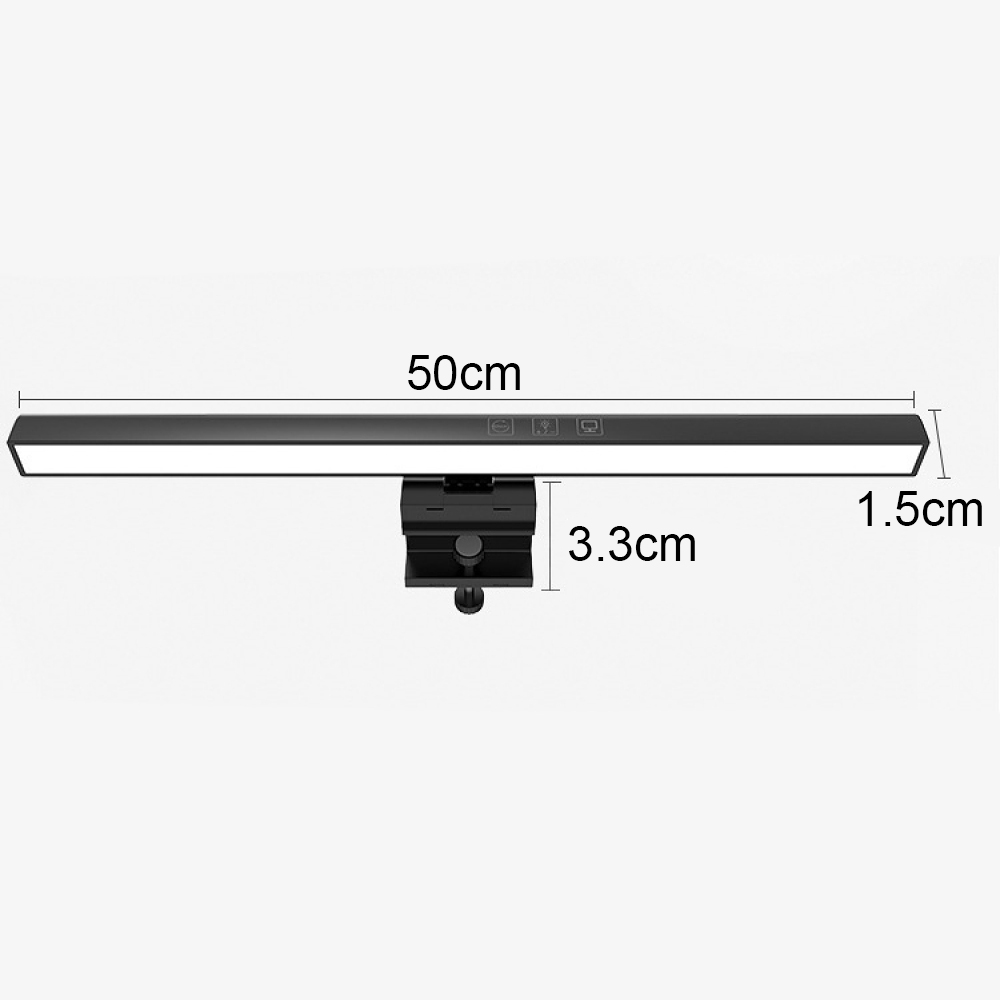 Schwarze, lange LED-Schreibtischlampe mit Clip-Halterung. Die Abmessungen sind 50 cm x 1,5 cm.