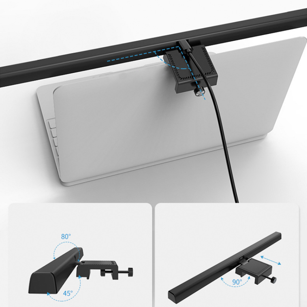 Schwarze Monitor-Lichtleiste an einem Laptop befestigt, mit einstellbarem Winkel und Detailaufnahmen.