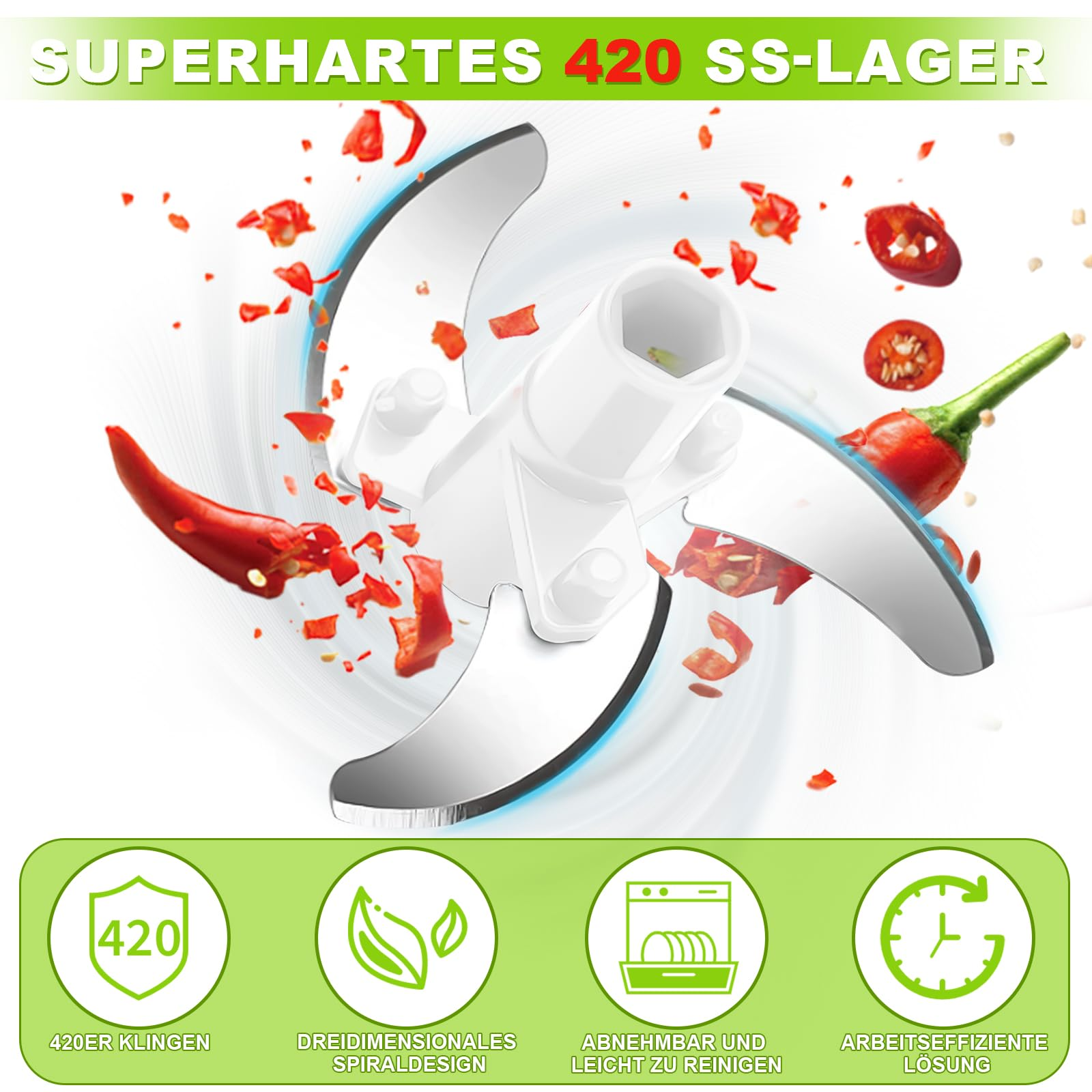 Klingen, rote Paprika und weißer Zerkleinerer. Text: Super Hard 420 SS-lager.