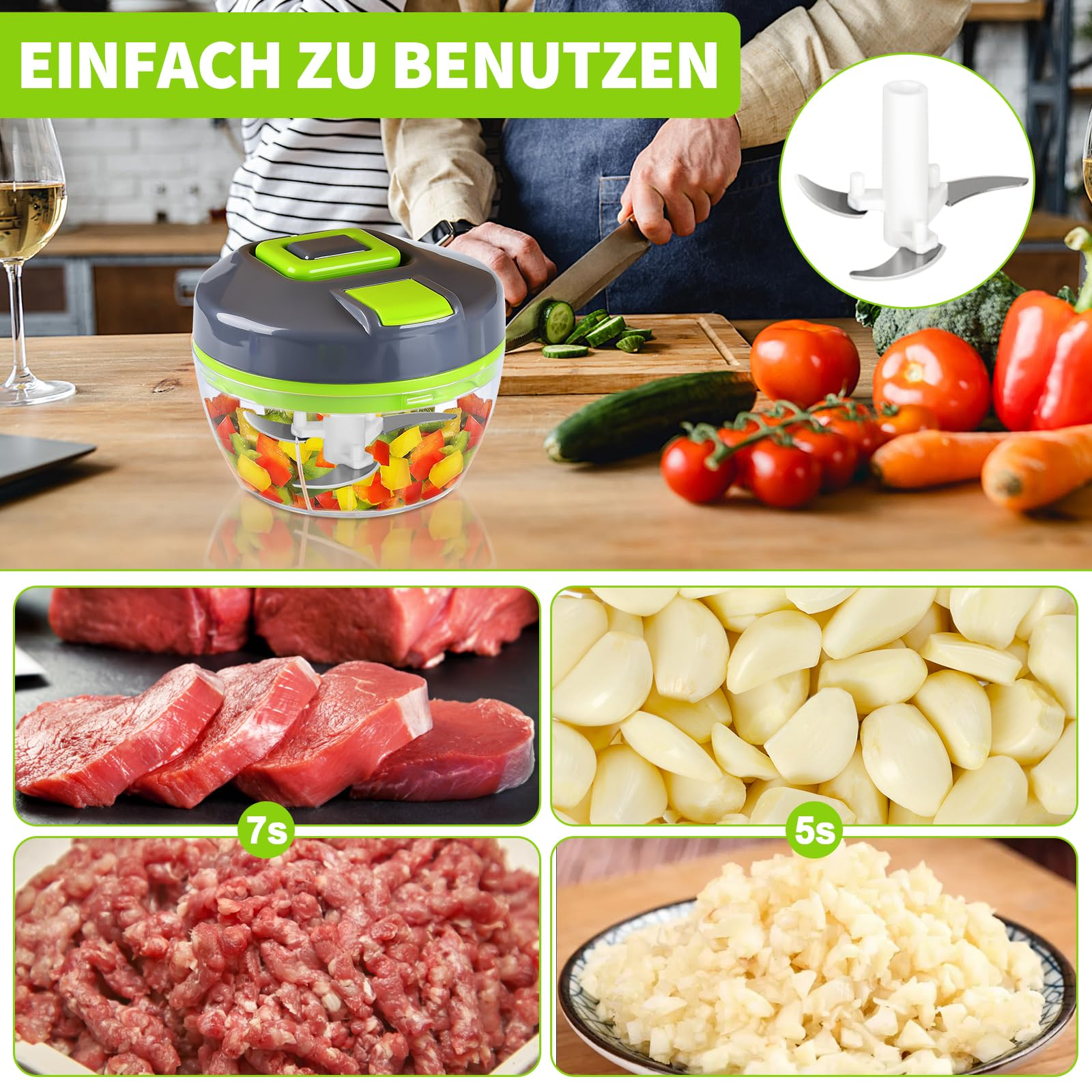 Lebensmittelzerkleinerer mit Zutaten: Tomaten, Knoblauch, Fleisch und gemischtes Gemüse.