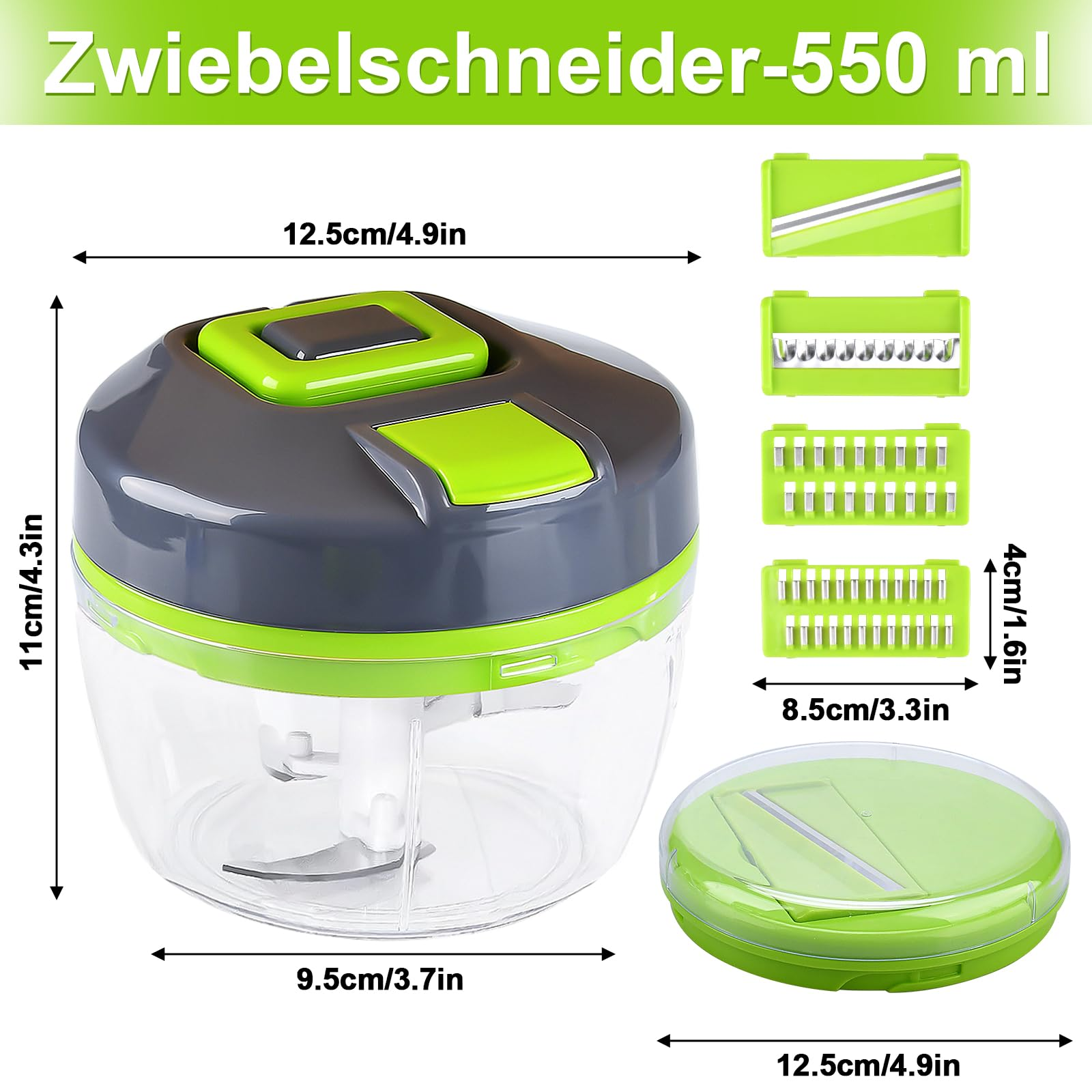 Ein weißer und grauer Zwiebelschneider mit Maßangaben und einem transparenten Behälter.