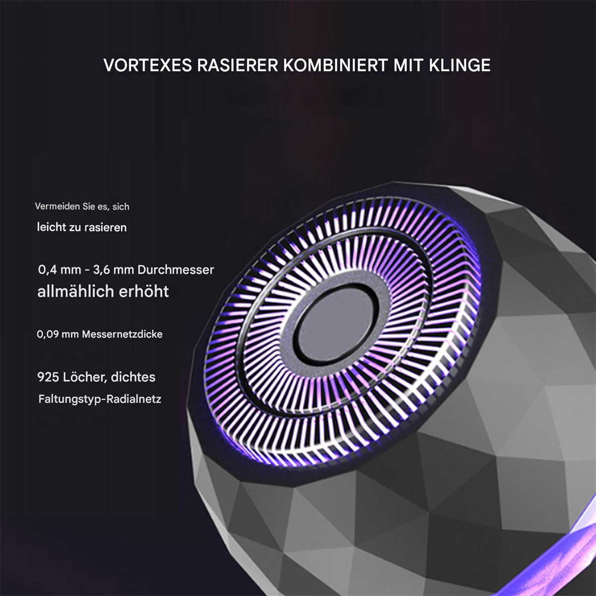 Nahaufnahme eines schwarzen Rasiererkopfes mit lilafarbenem Licht, Text und dunklem Hintergrund.