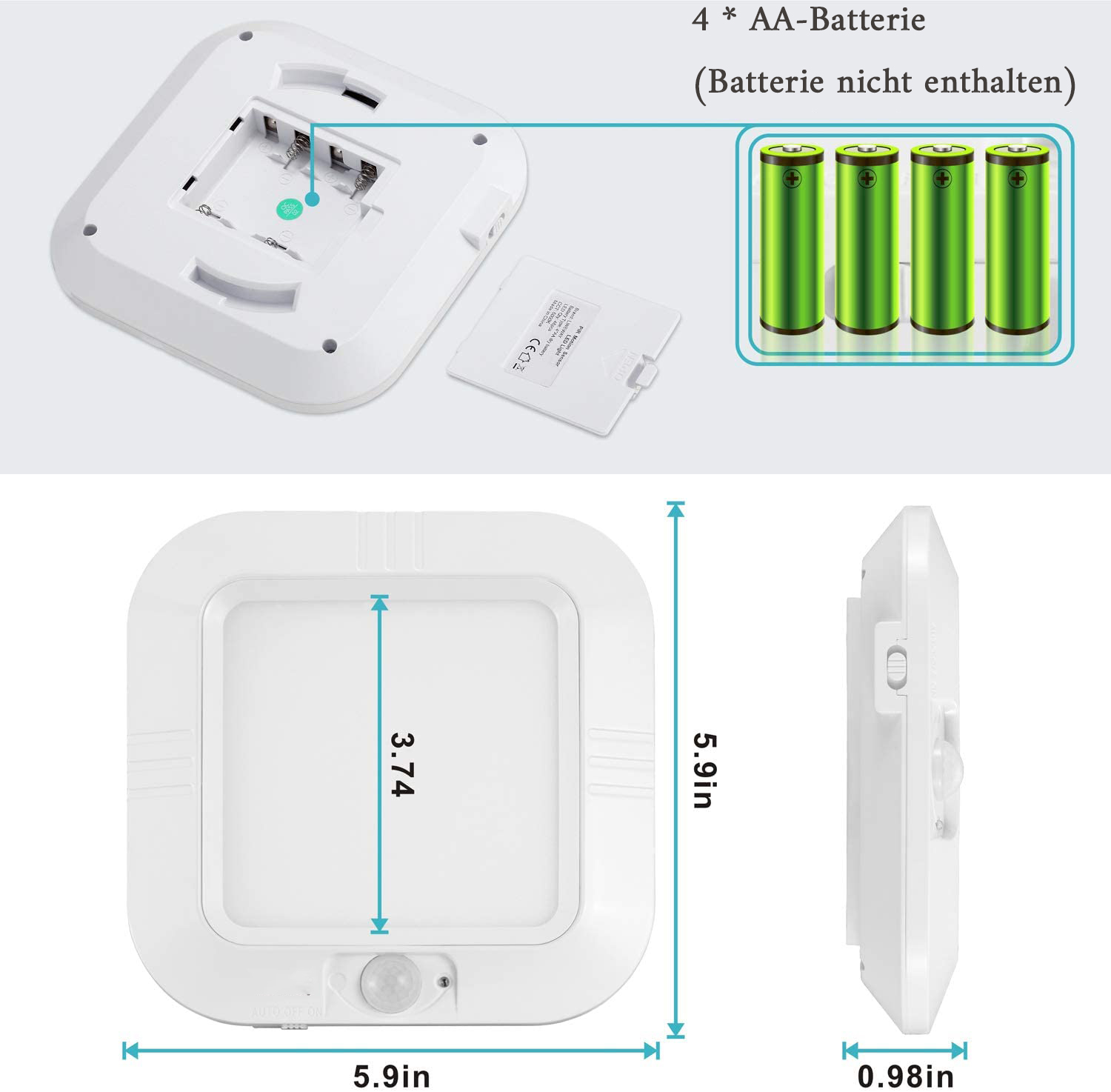 Quadratische weiße LED-Leuchte mit Batteriefach, Abmessungen zeigend.