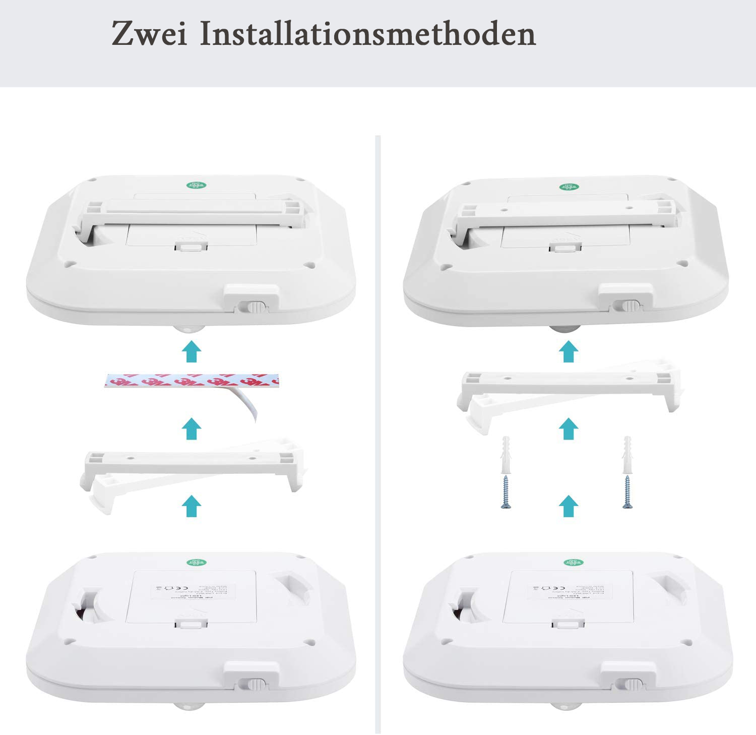 Zwei weiße Deckenmontagegeräte mit Installationsdiagrammen, die verschiedene Montagemethoden zeigen.