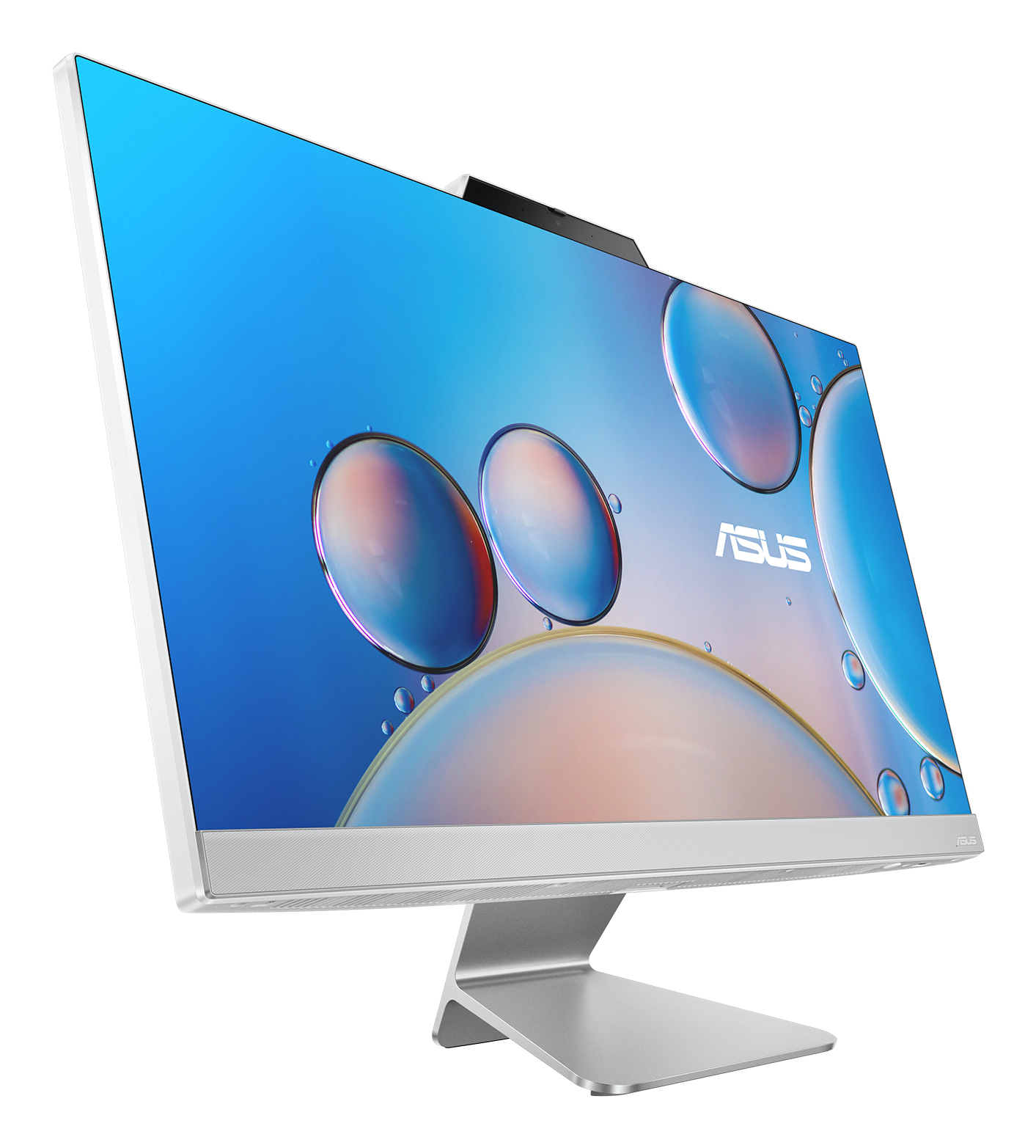 Srebrny komputer ASUS all-in-one, widok z boku. Ekran wyświetla niebieskie i białe abstrakcyjne tło.