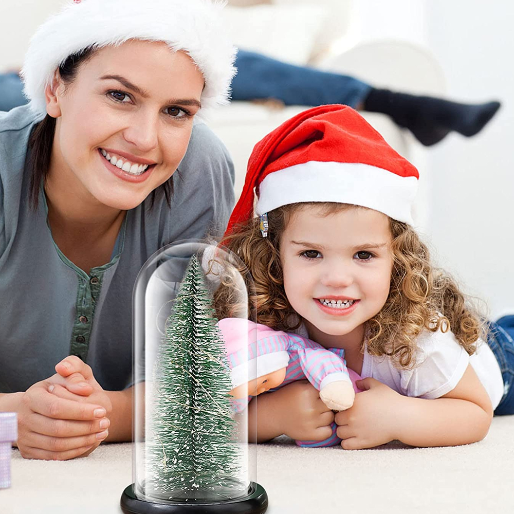Frau und Kind lächeln mit einem Weihnachtsbaum in einer Glaskuppel.