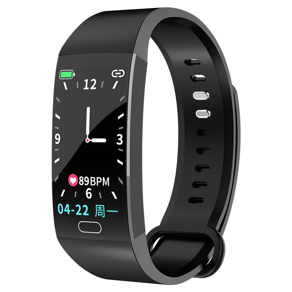 Schwarze Fitness-Tracker-Uhr zeigt Zeit, Herzfrequenz und Datum an. Schwarzes Armband sichtbar.
