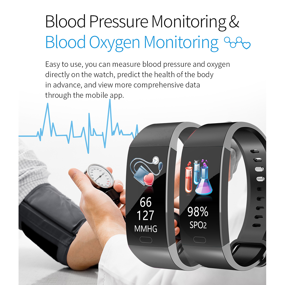 Smartwatch zeigt Blutdruck (127/66 mmHg) und SpO2 (98%). Manschette und Liniendiagramm sichtbar.