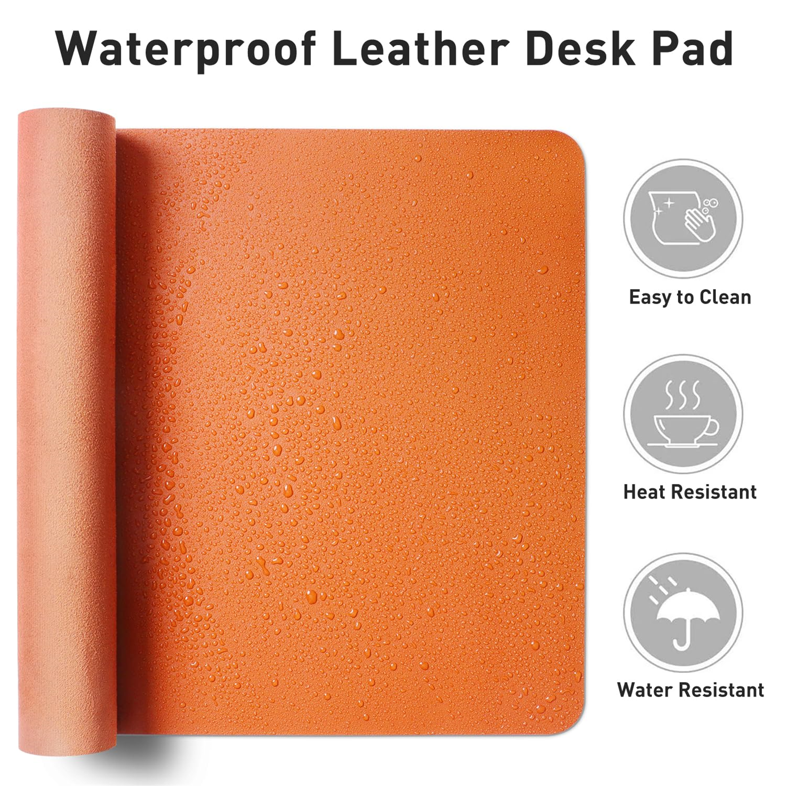 Orangenes wasserdichtes Schreibtischpad mit aufgerolltem Teil und Symbolen für Reinigung, Hitze und Wasserbeständigkeit.