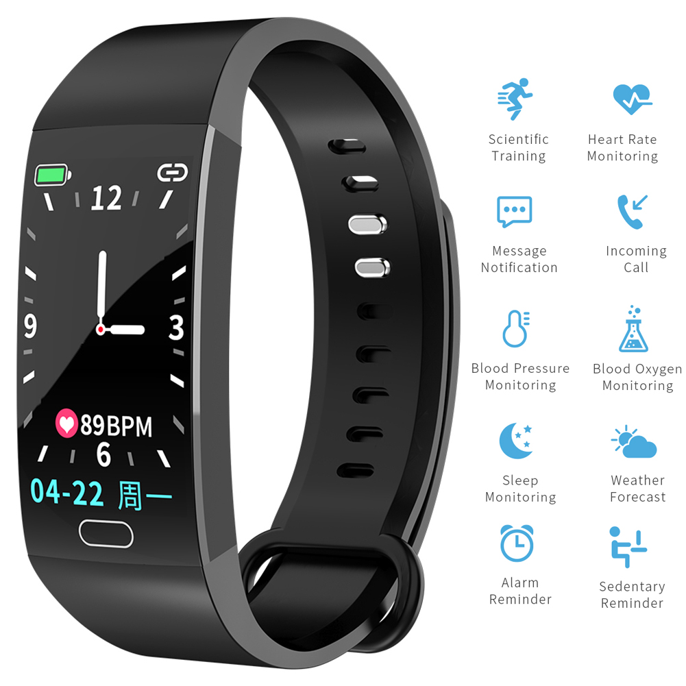 Schwarze Smartwatch mit Anzeige von Zeit, Herzfrequenz und Datum. Schwarzes Armband.