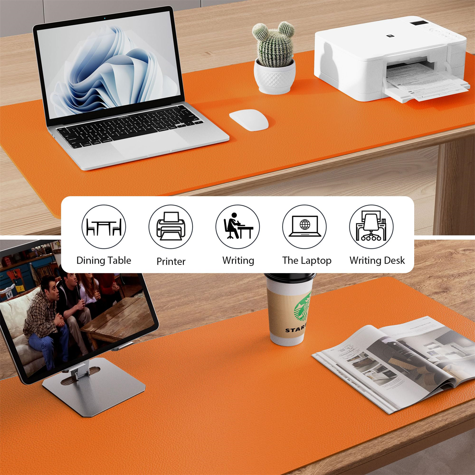 Schreibtisch mit Laptop, Drucker, Kaktus, Tablet, Kaffeetasse und Zeitschrift.