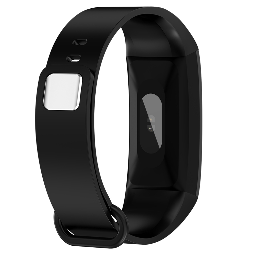 Schwarzer Fitnesstracker auf weißem Hintergrund, mit Bildschirm und Armband.