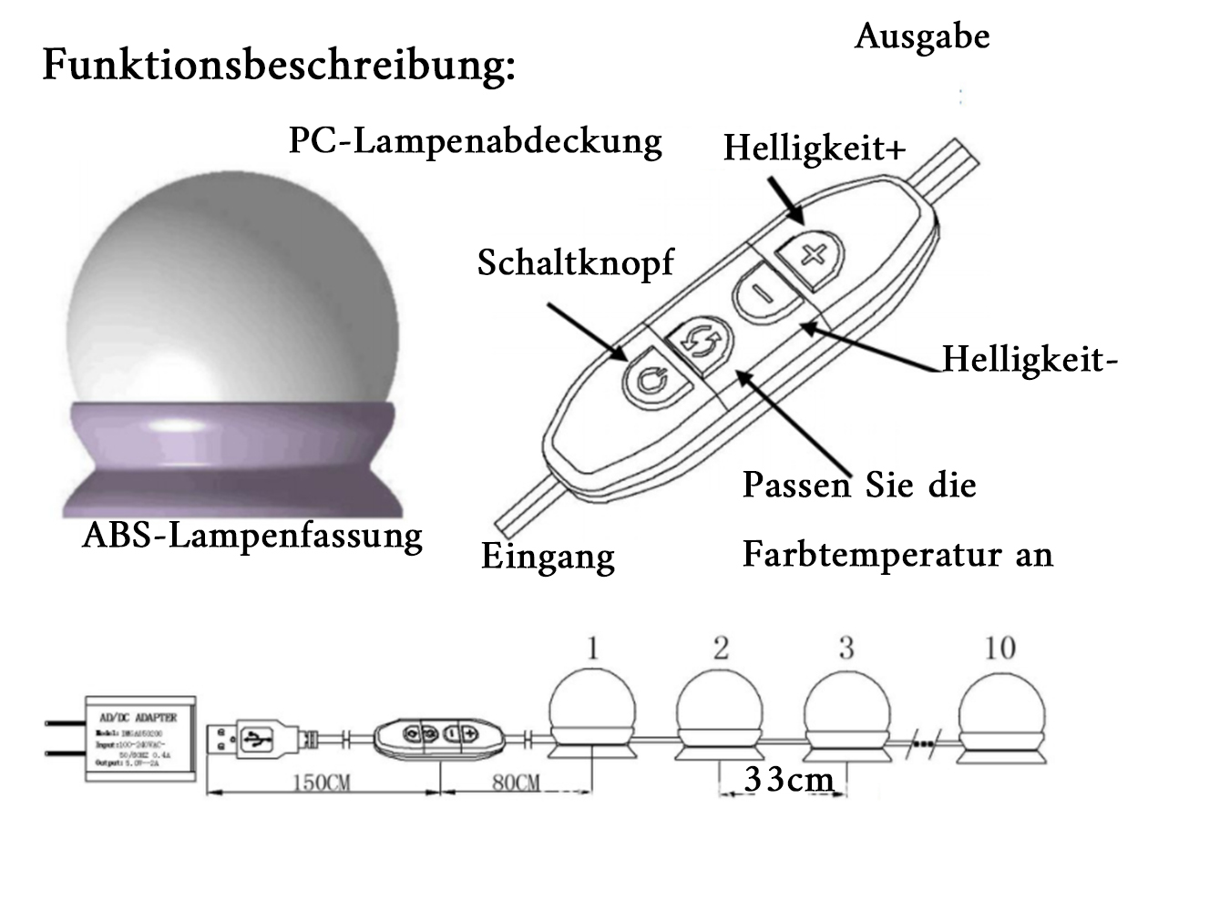 Diagramm einer Lampe. Zeigt Lampenteile, Bedienelemente und einen Netzadapter mit deutschem Text.