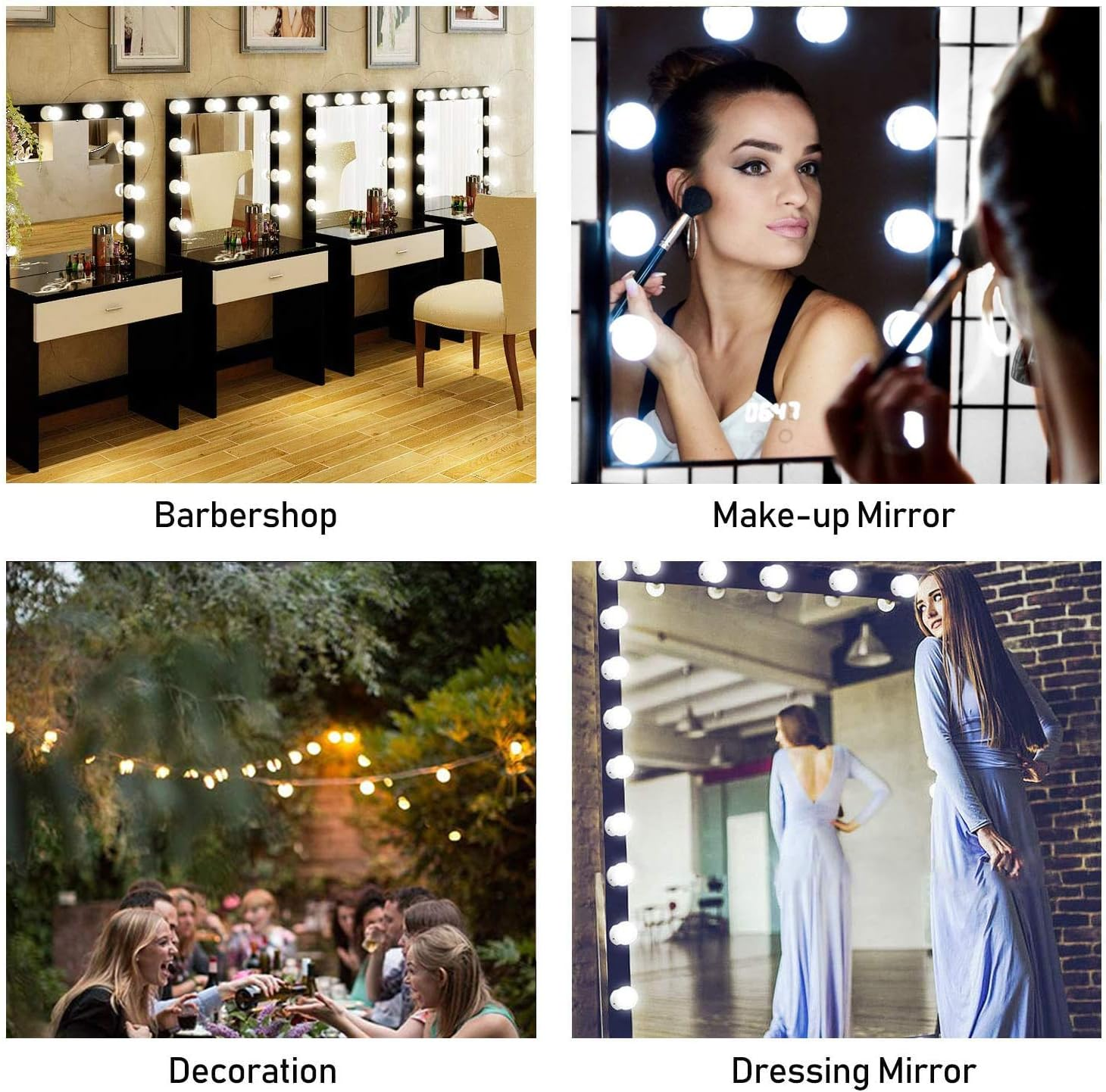 Vier Bilder: ein Friseursalon, eine Frau beim Schminken, Leute an einem Tisch und eine Frau in einem Kleid.