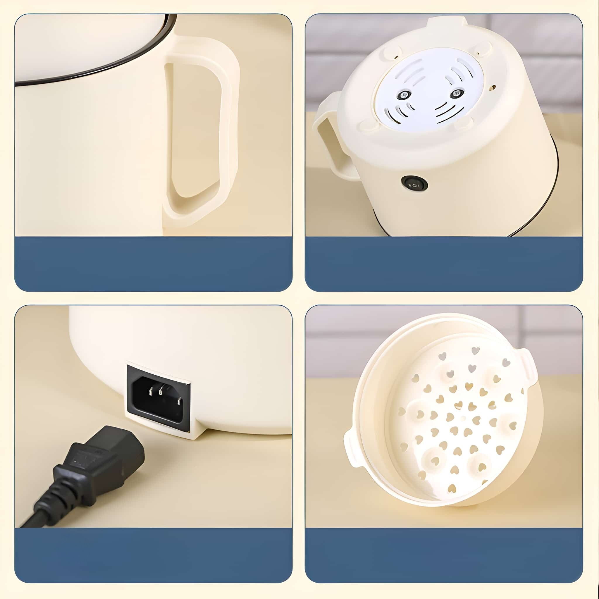 Nahaufnahmen eines cremefarbenen elektrischen Kochtopfs. Details umfassen Griff, Bedienelemente, Stecker und einen Dampfeinsatz.