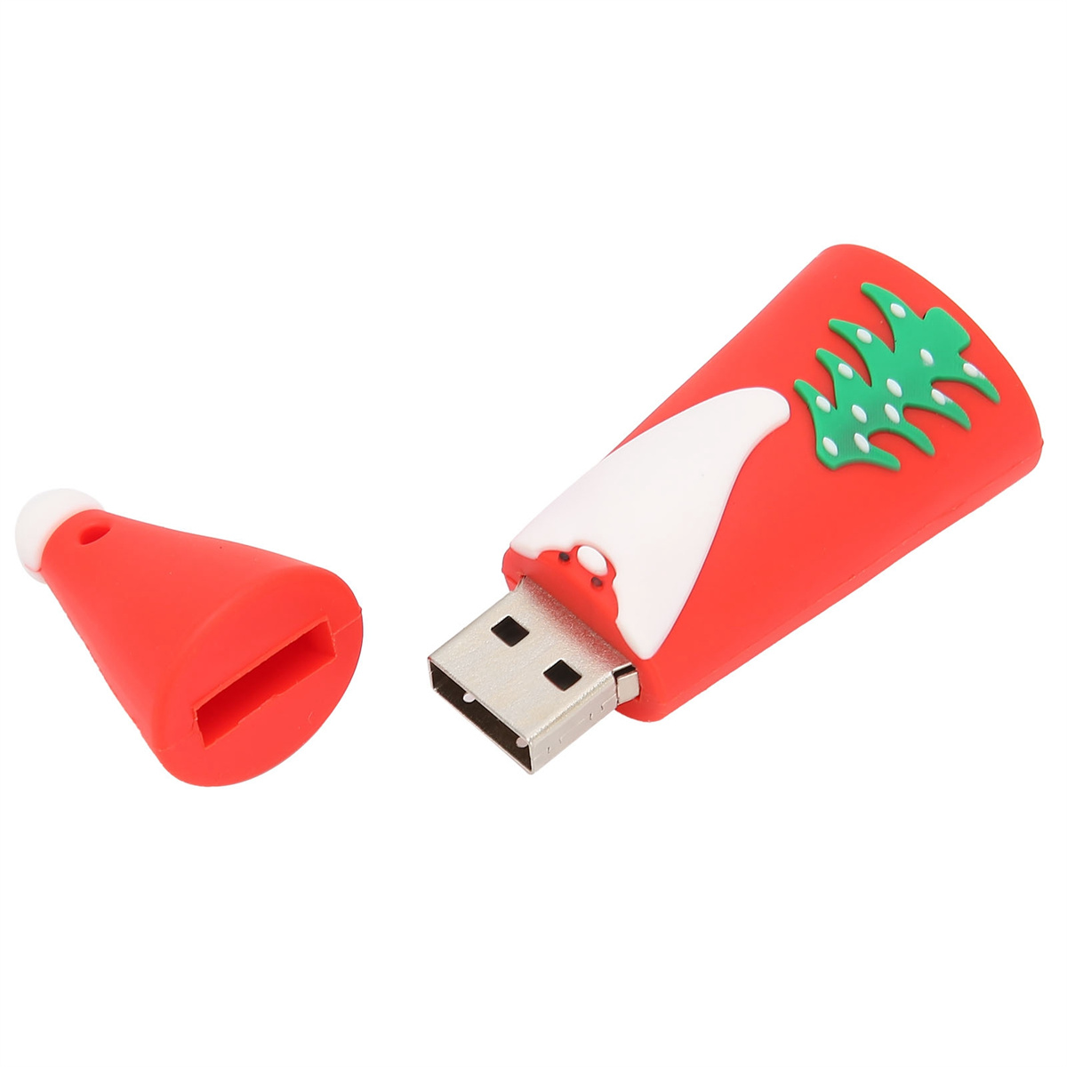 Ein roter USB-Stick in Form einer Weihnachtsdekoration mit weißem und grünem Design.