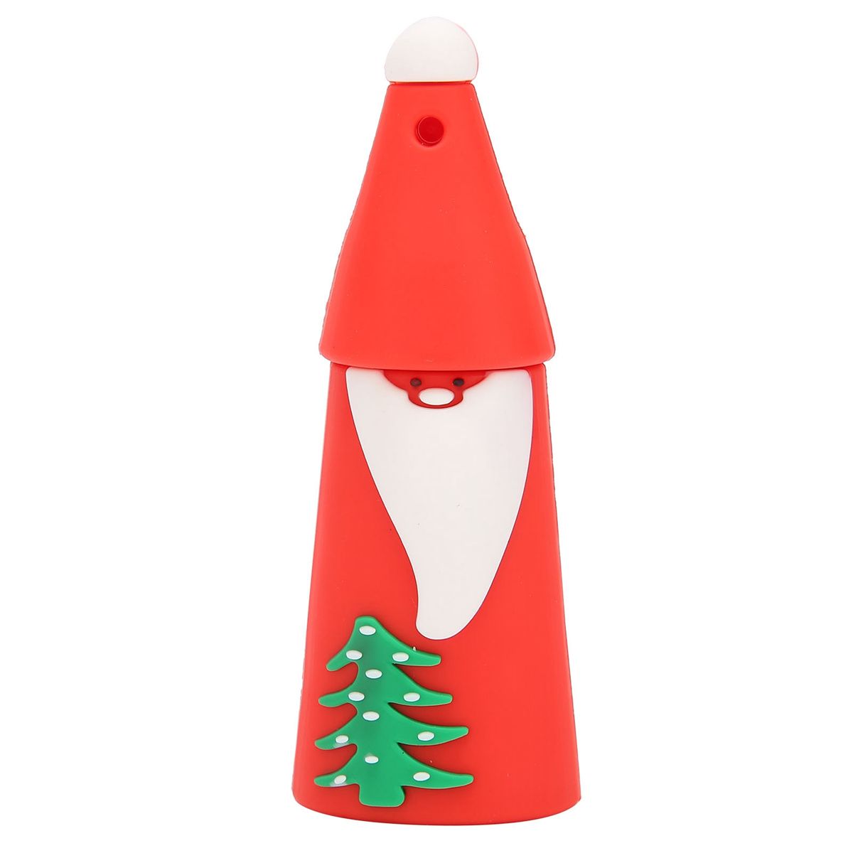 Ein roter USB-Stick in Form eines Weihnachtsmannes mit einem grünen Weihnachtsbaum auf weißem Hintergrund.