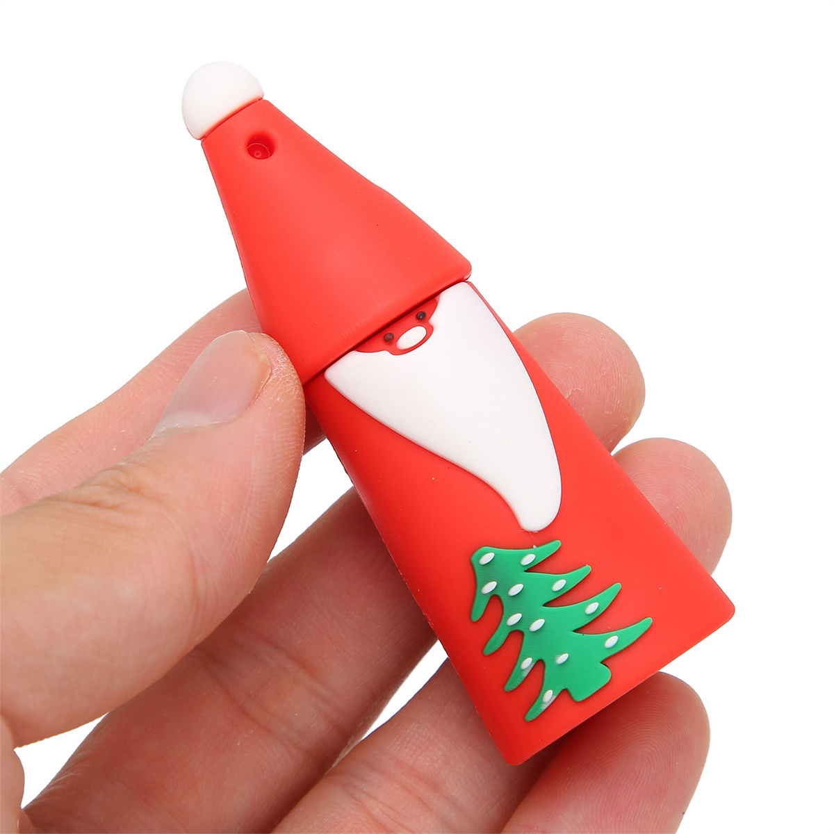 Ein Weihnachtsmann-USB-Stick in der Hand einer Person.