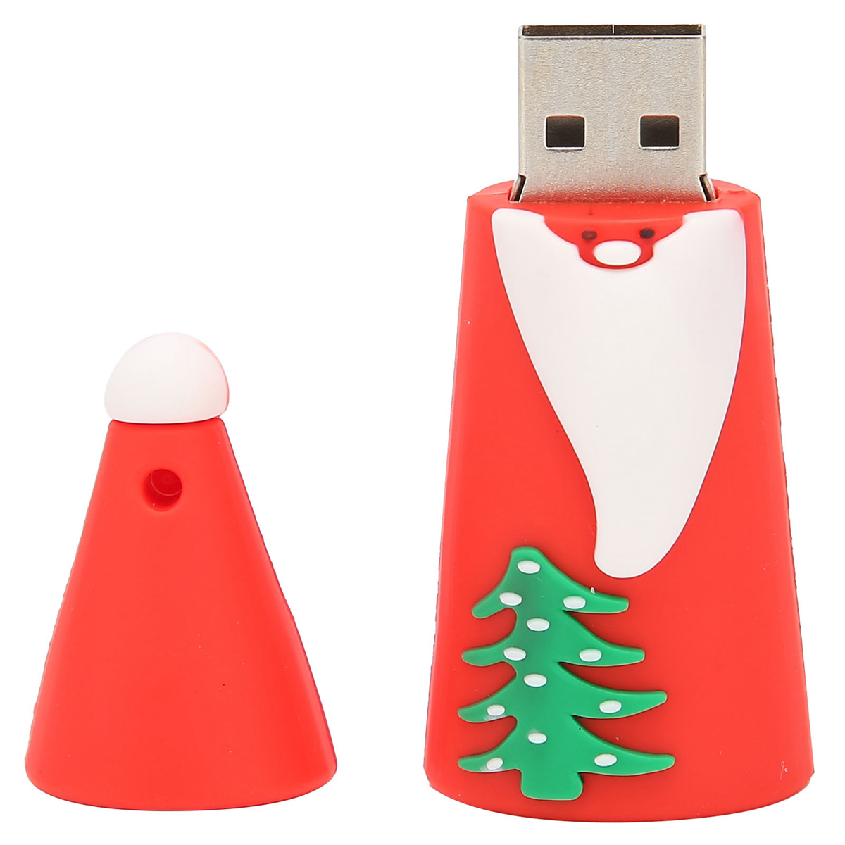 Ein roter USB-Stick im Santa Claus-Design mit einem Weihnachtsbaum-Design.