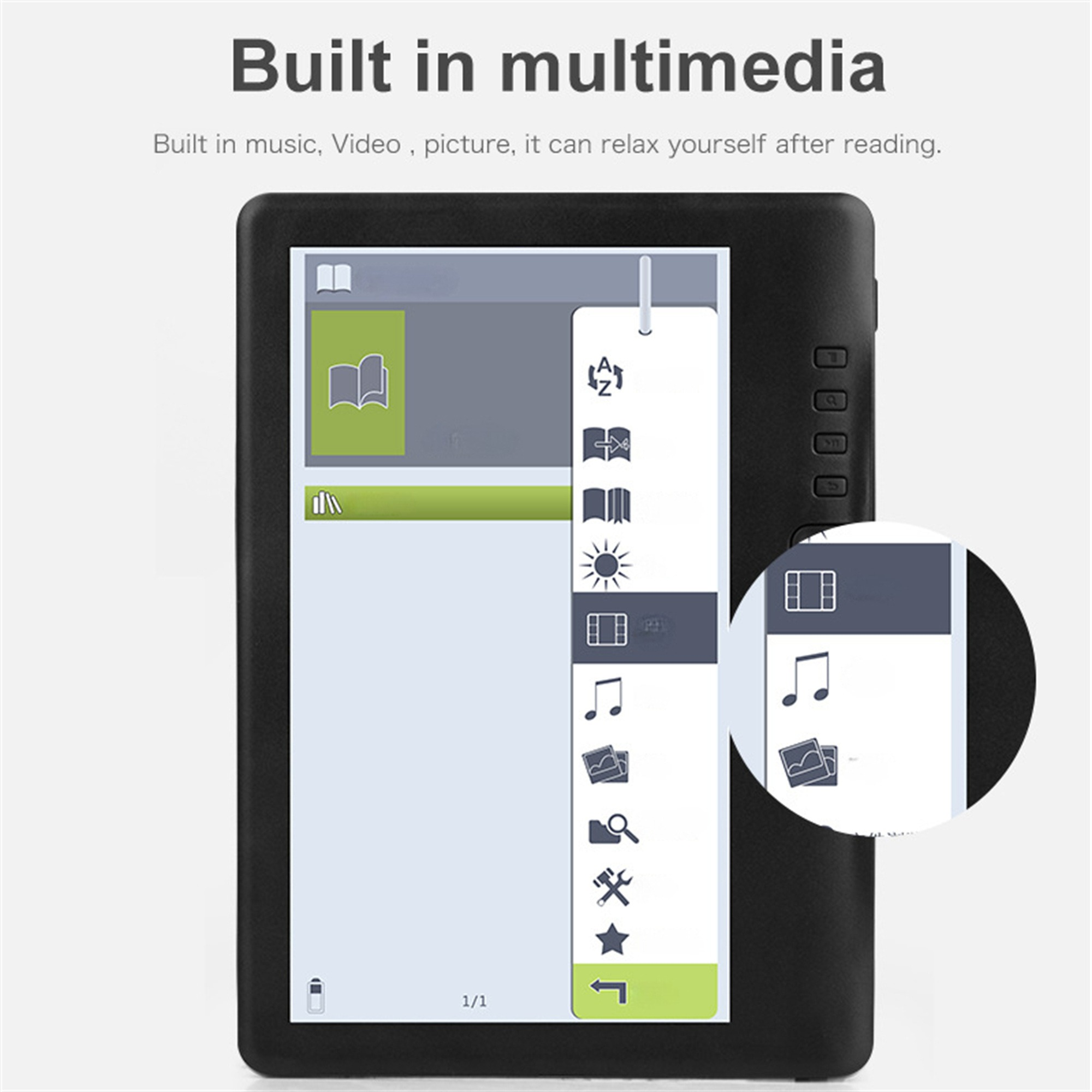 Schwarzer E-Reader mit Bildschirm, der Menüoptionen anzeigt. Kleines Lupensymbol sichtbar.