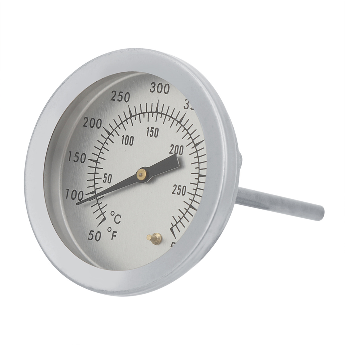 Ein runder, silberfarbener Temperaturmesser mit einer Nadel, die auf 200 Grad zeigt.