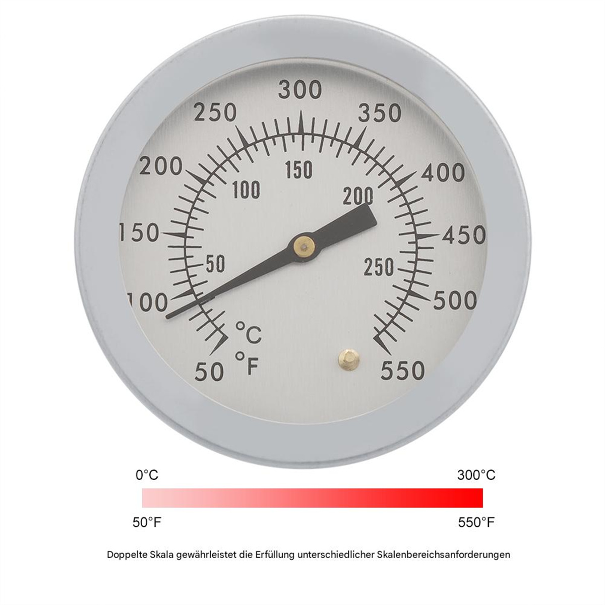 Ein rundes silbernes Thermometer mit einem schwarzen Zeiger, der auf 200 Grad C zeigt.