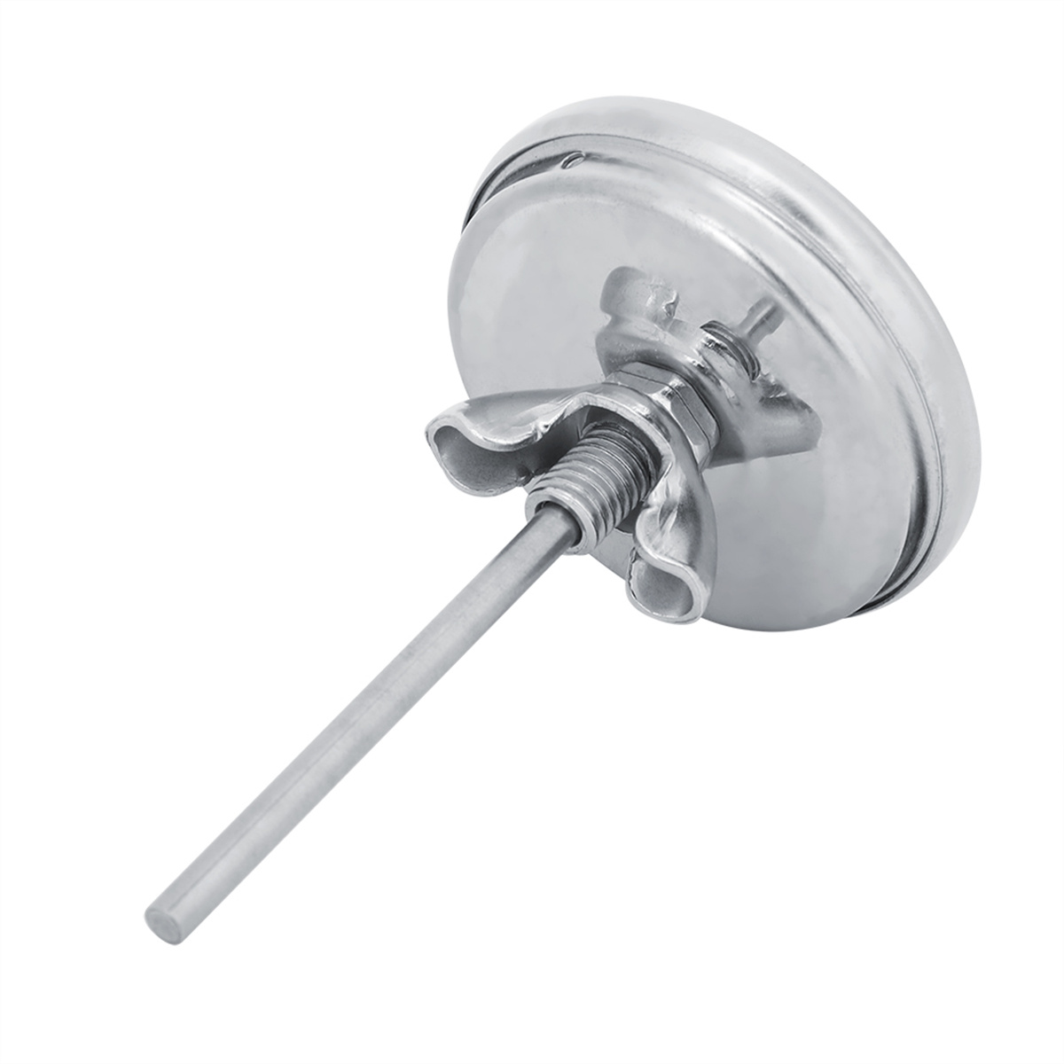 Ein silbernes Metallthermometer mit langem Stiel und Flügelmutter auf weißem Hintergrund.