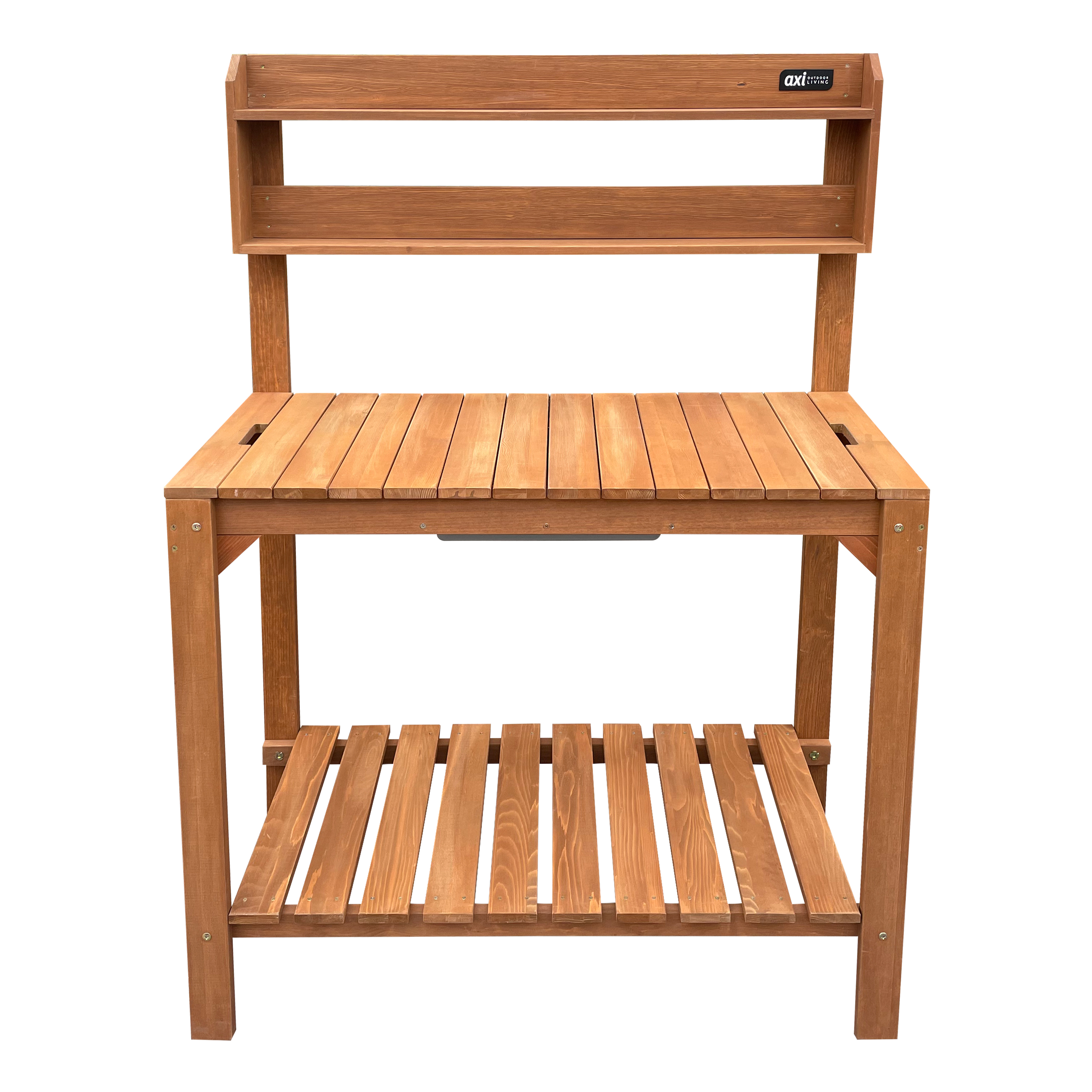 Holz-Pflanztisch mit Regal, Tischplatte und unterem Regal.