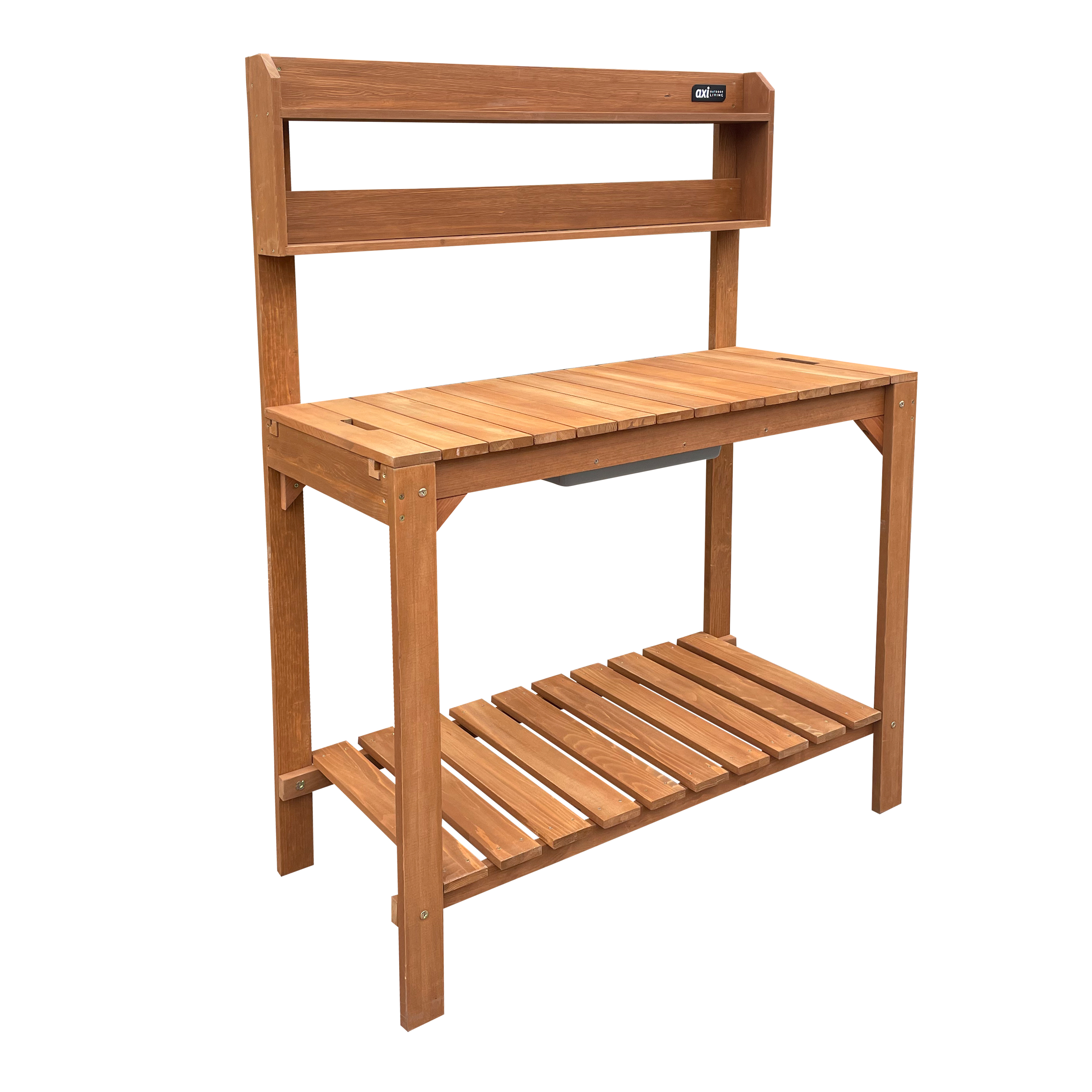 Holz-Pflanztisch mit einem Regal und einem unteren Gestell. Weißer Hintergrund.