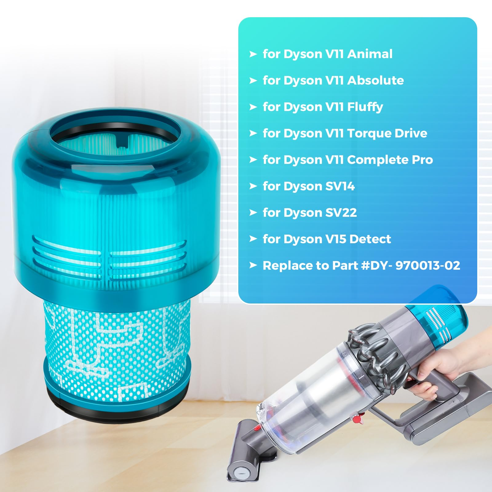 Blau-weißer Filter für einen Staubsauger mit einer Liste kompatibler Modelle.