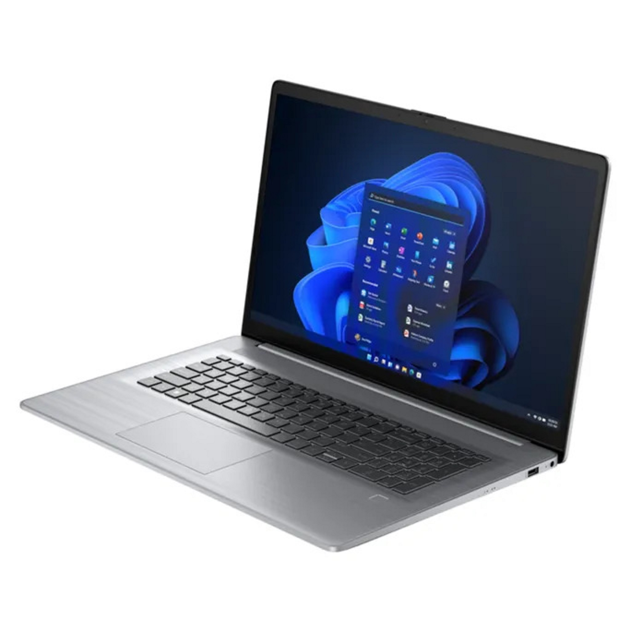 Silberner Laptop auf weißem Hintergrund, Bildschirm zeigt Windows-Oberfläche.