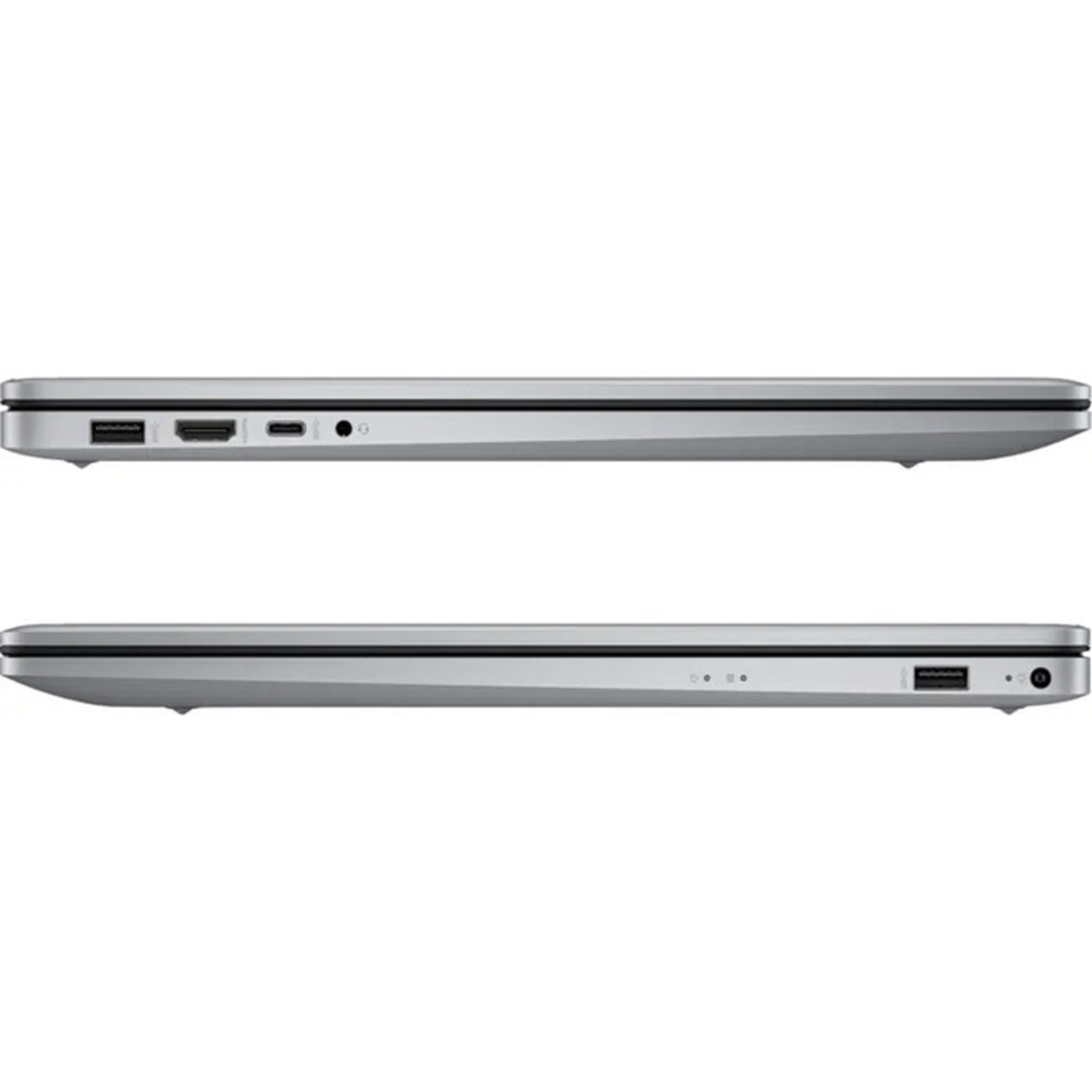 Seitenansicht von zwei silbernen Laptops. Obere und untere Ansicht. Weißer Hintergrund.
