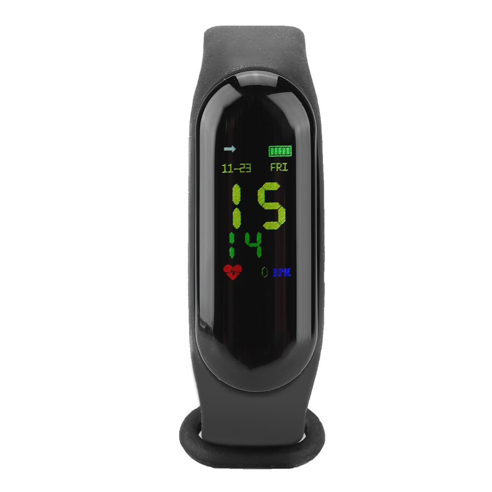Ein schwarzer Fitnesstracker mit Bildschirm. Der Bildschirm zeigt Zeit, Datum und Herzfrequenz.